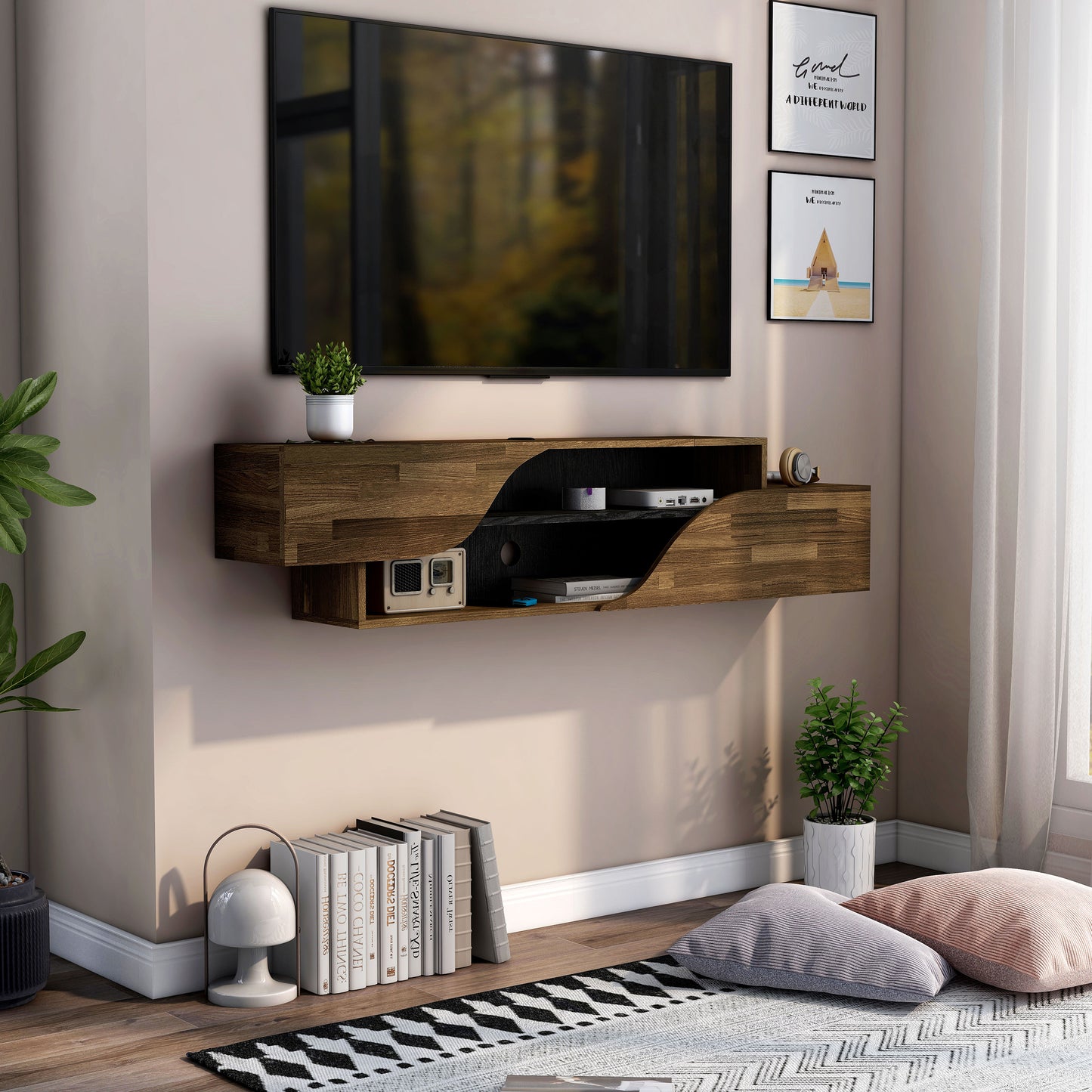 Right angled transitional light hickory and black two-shelf floating TV stand in a living room with accessories