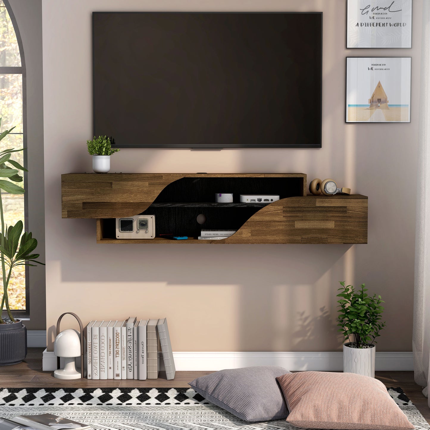 Front-facing transitional light hickory and black two-shelf floating TV stand in a living room with accessories