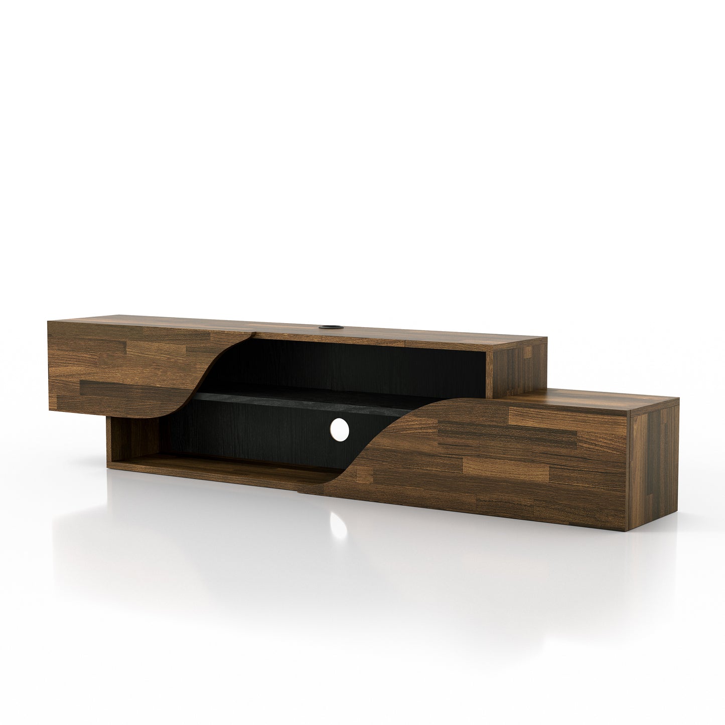 Left angled transitional light hickory and black two-shelf floating TV stand on a white background