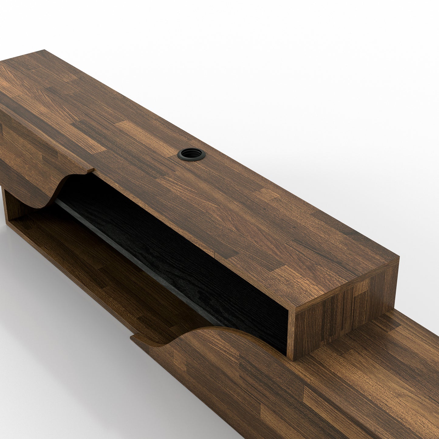 Left angled close-up view of a transitional light hickory and black two-shelf floating TV stand on a white background