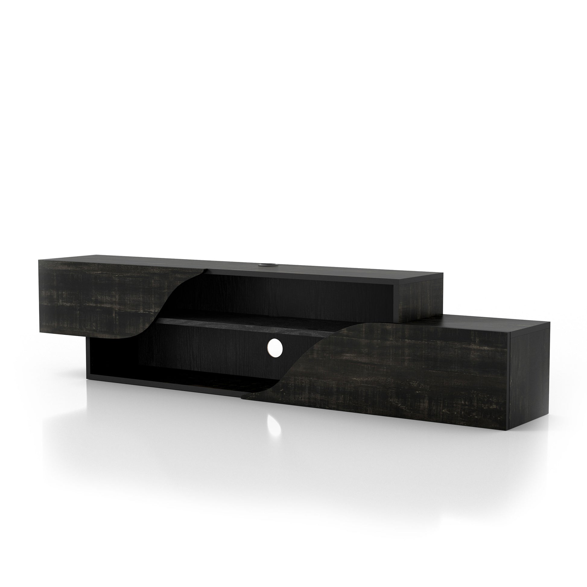 Left angled transitional reclaimed black two-shelf floating TV stand on a white background