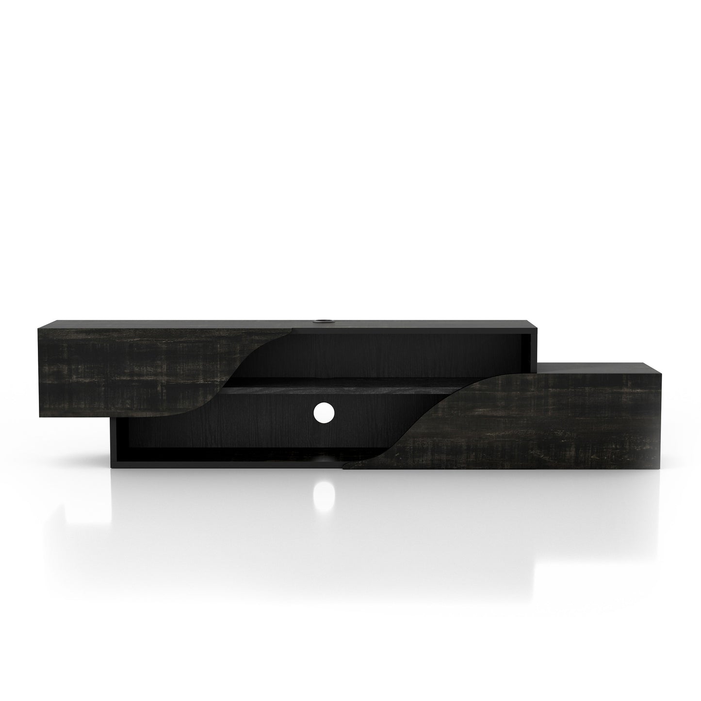 Front-facing transitional reclaimed black two-shelf floating TV stand on a white background