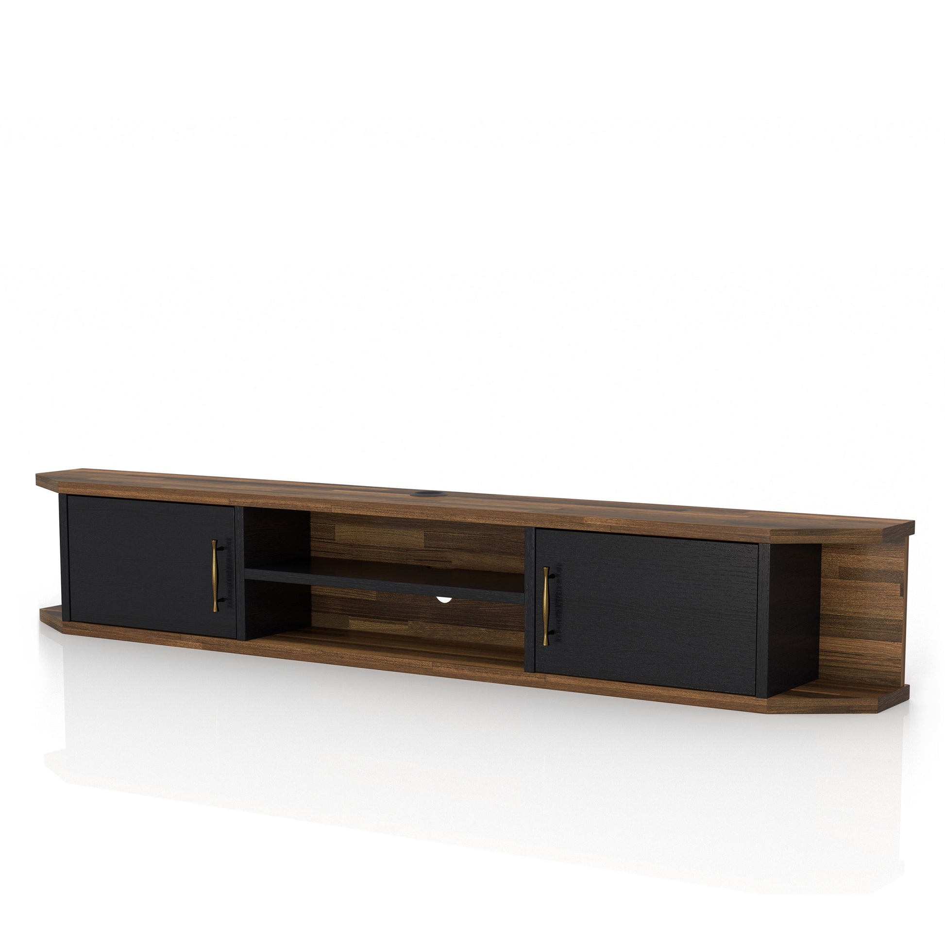 Left angled black and wood two-door four-shelf floating TV stand on a white background