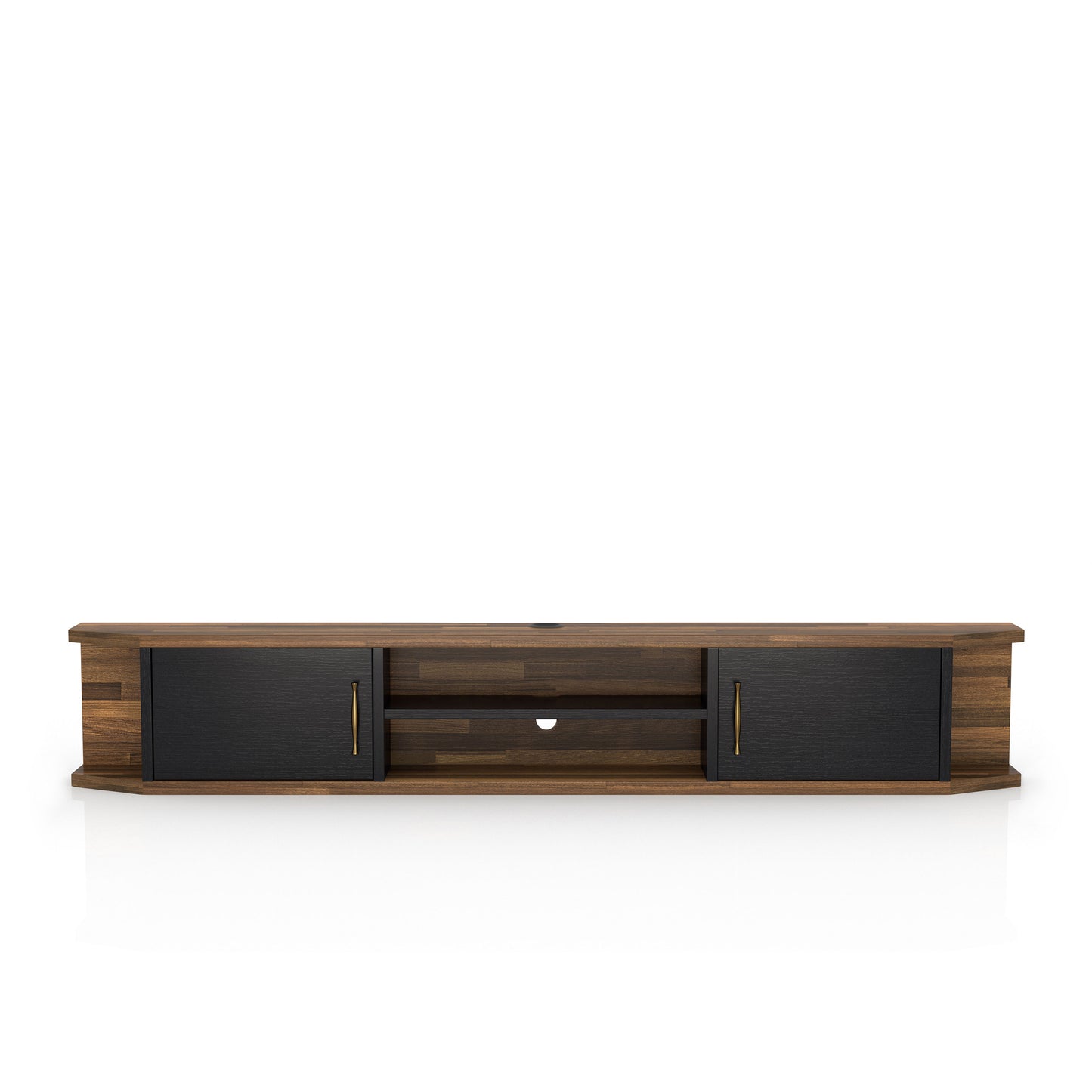 Front-facing black and wood two-door four-shelf floating TV stand on a white background