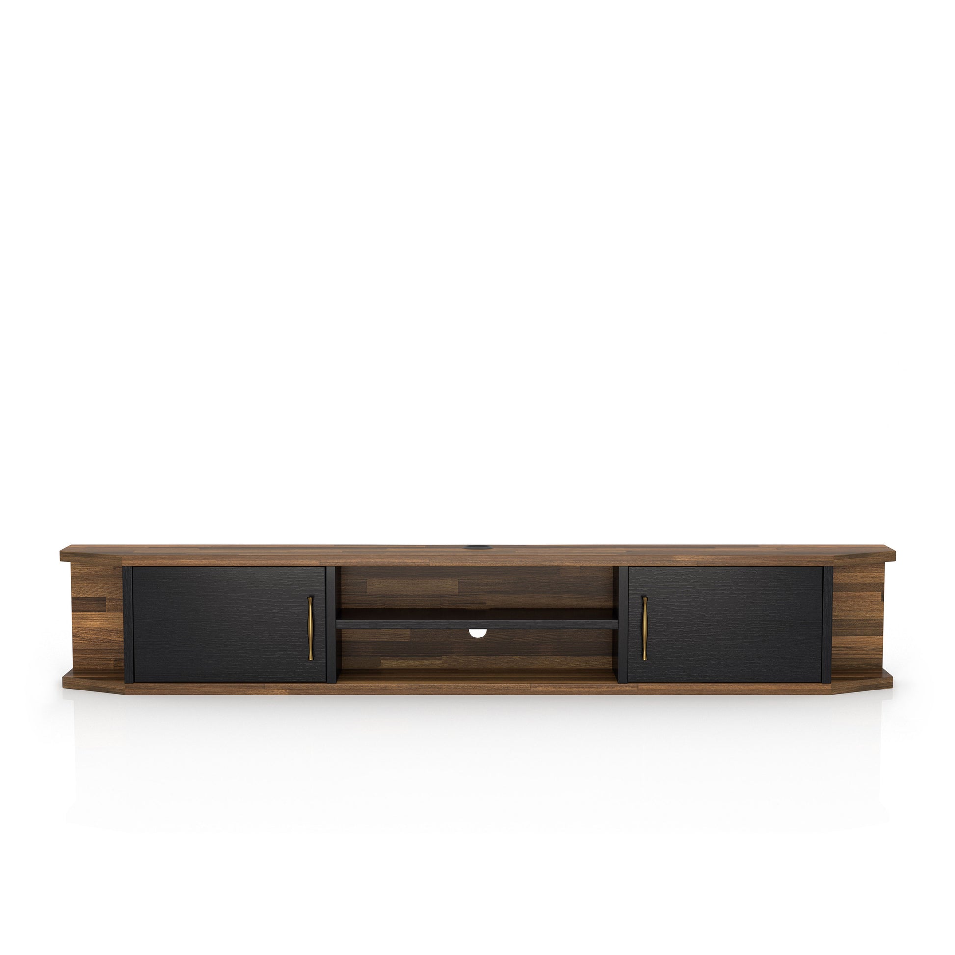 Front-facing black and wood two-door four-shelf floating TV stand on a white background