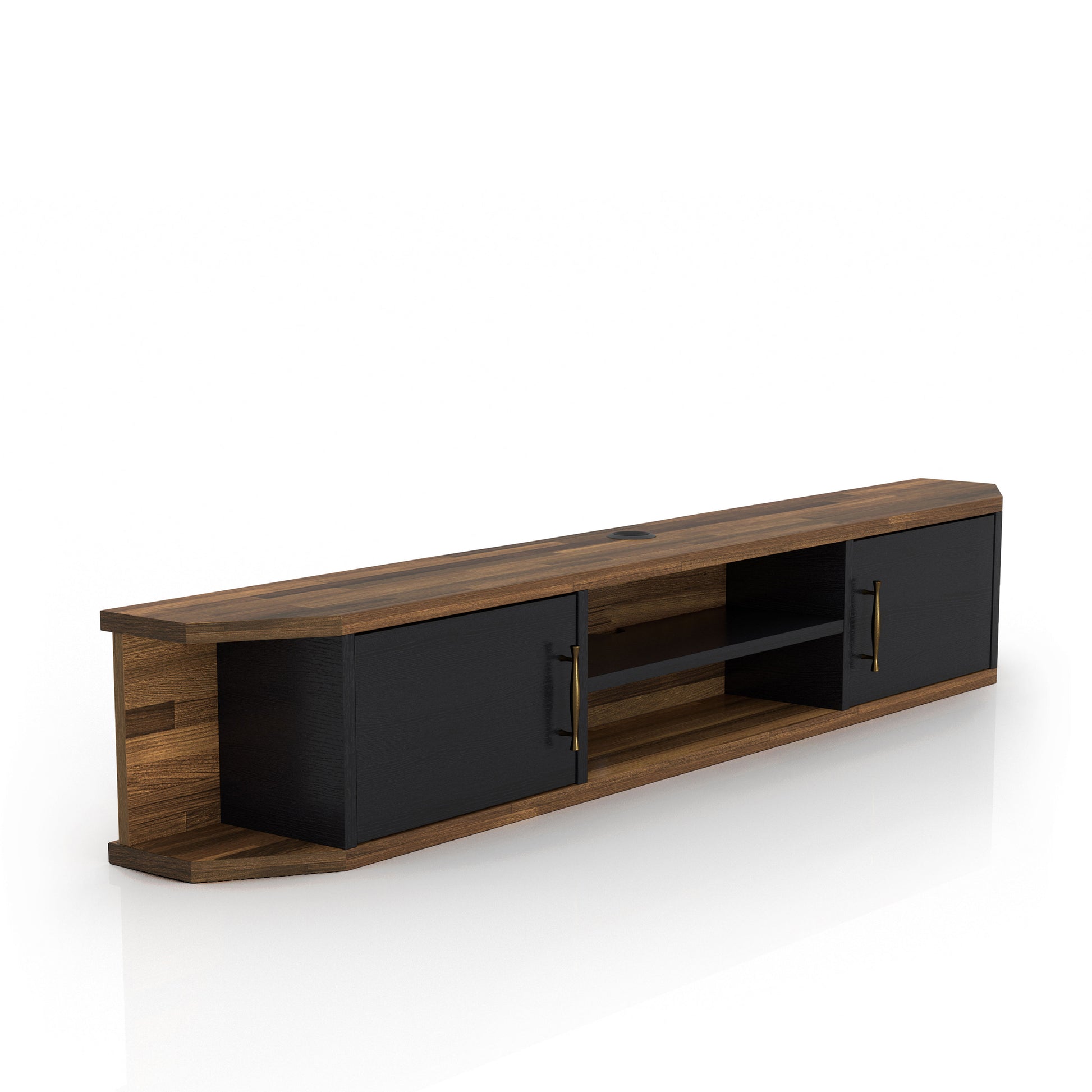 Right angled black and wood two-door four-shelf floating TV stand on a white background