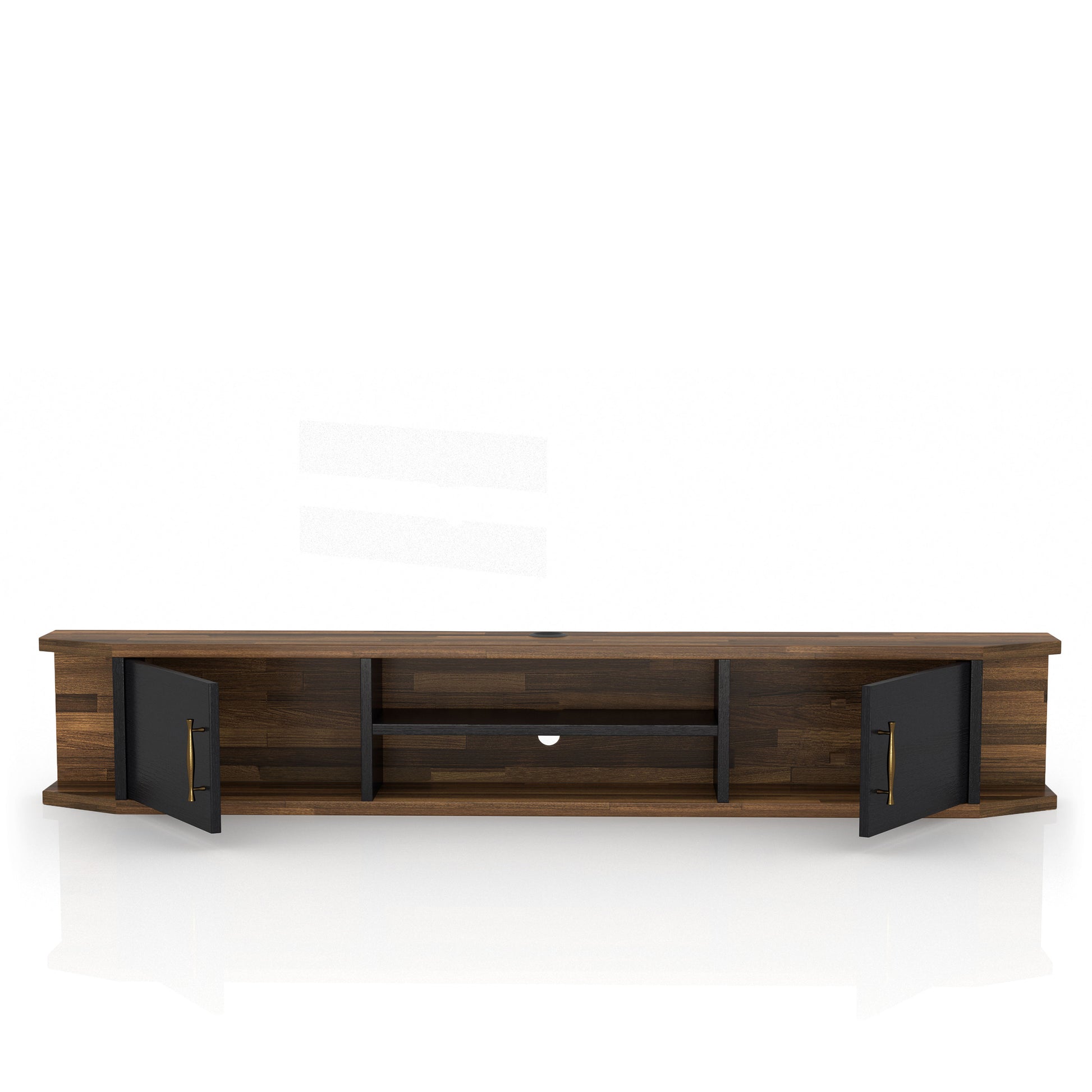 Front-facing black and wood two-door four-shelf floating TV stand with doors open on a white background