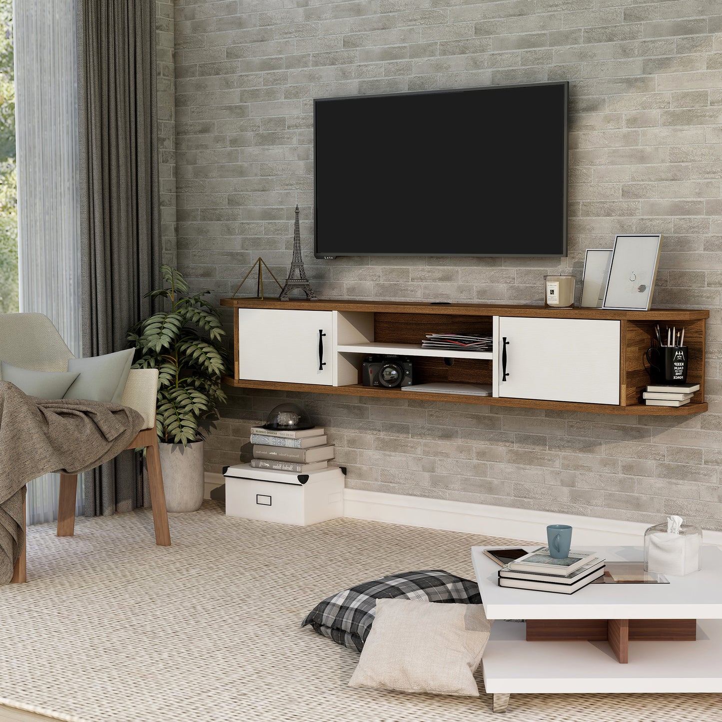 Left angled white and wood two-door four-shelf floating TV stand in a living room with accessories