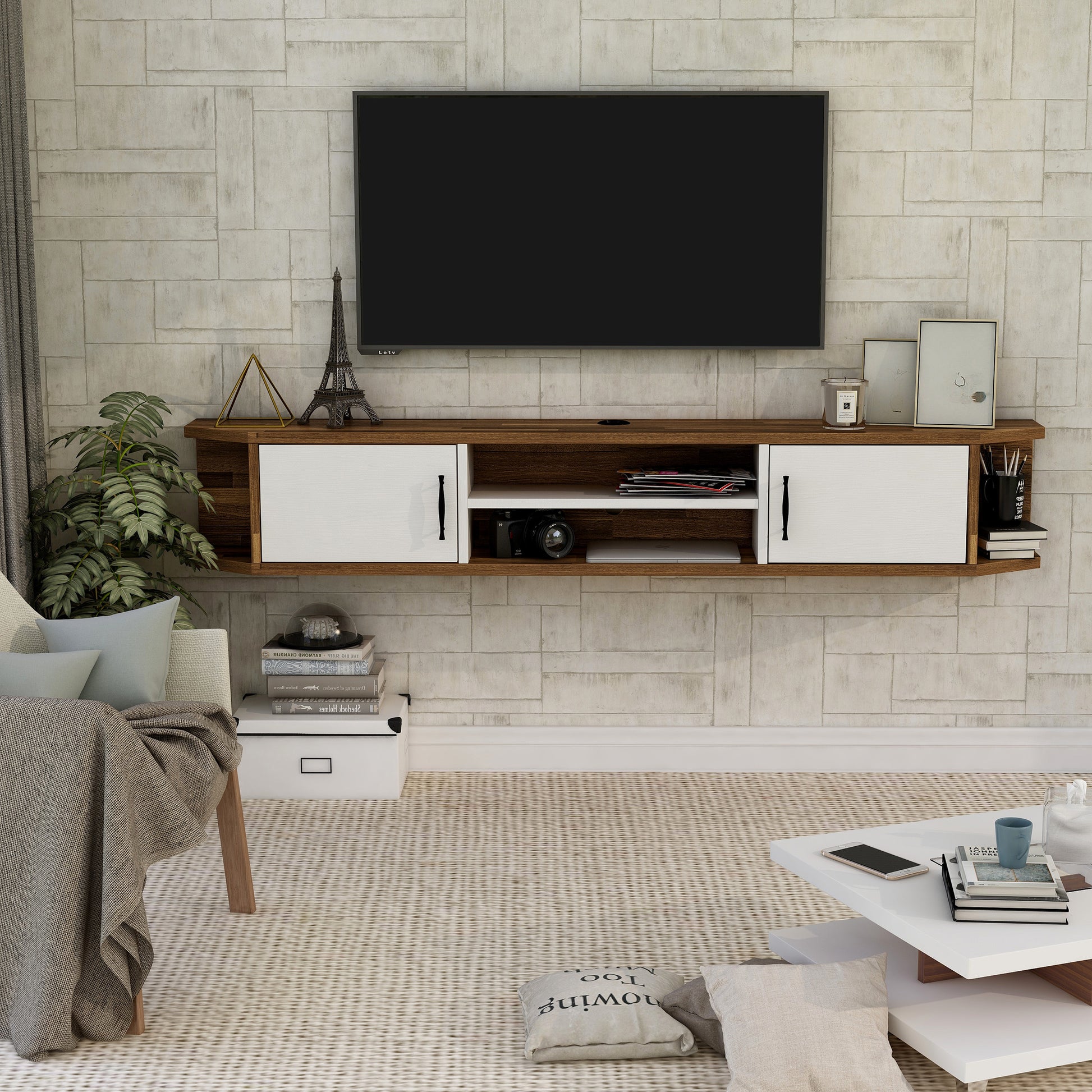 Front-facing white and wood two-door four-shelf floating TV stand in a living room with accessories