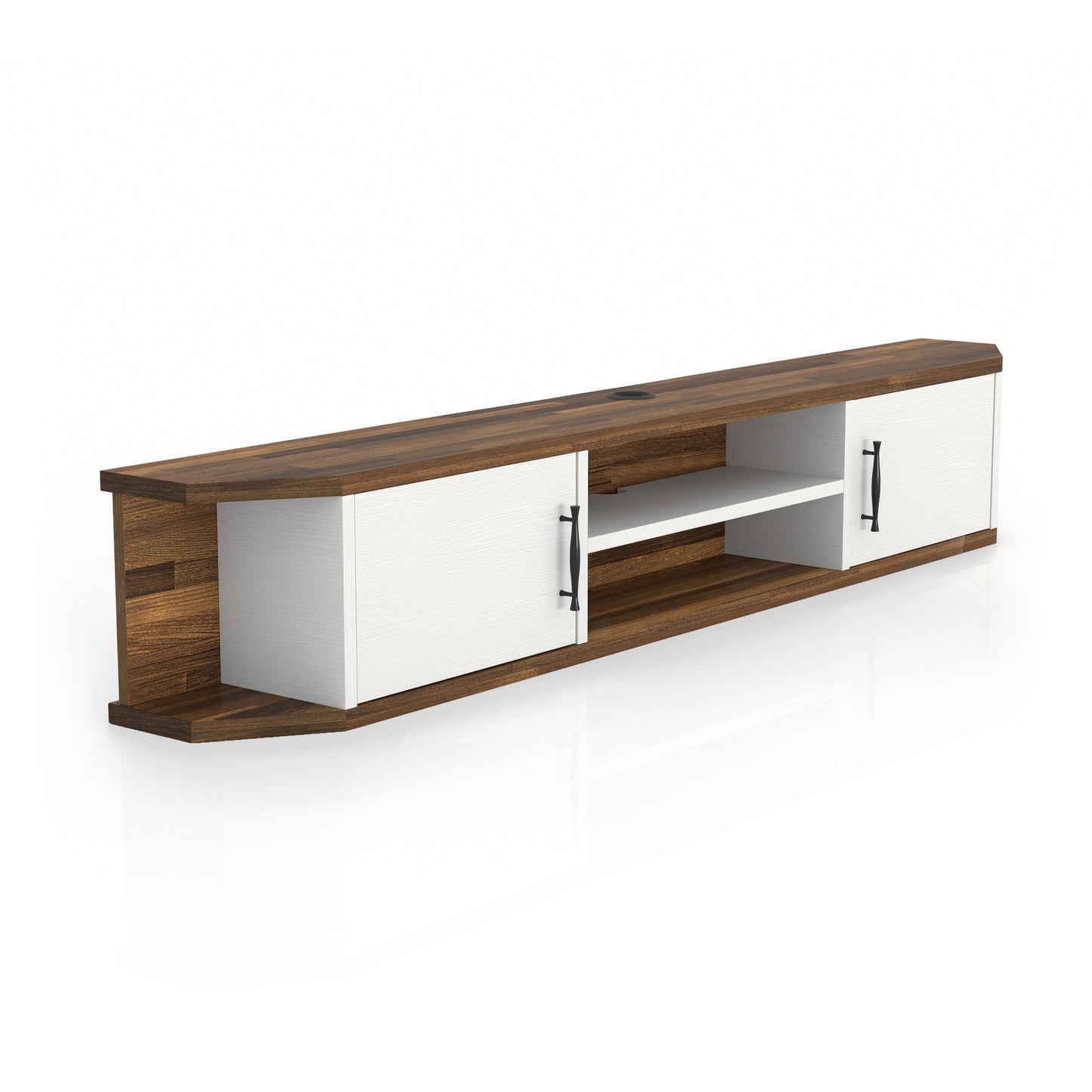 Right angled white and wood two-door four-shelf floating TV stand on a white background