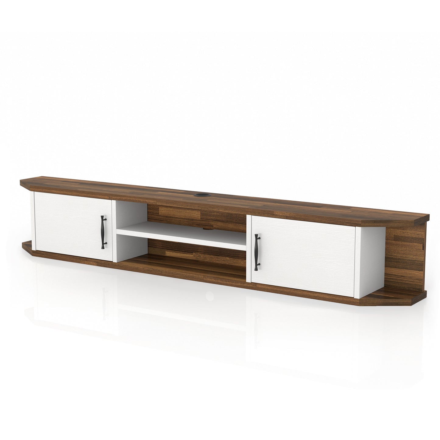 Left angled white and wood two-door four-shelf floating TV stand on a white background