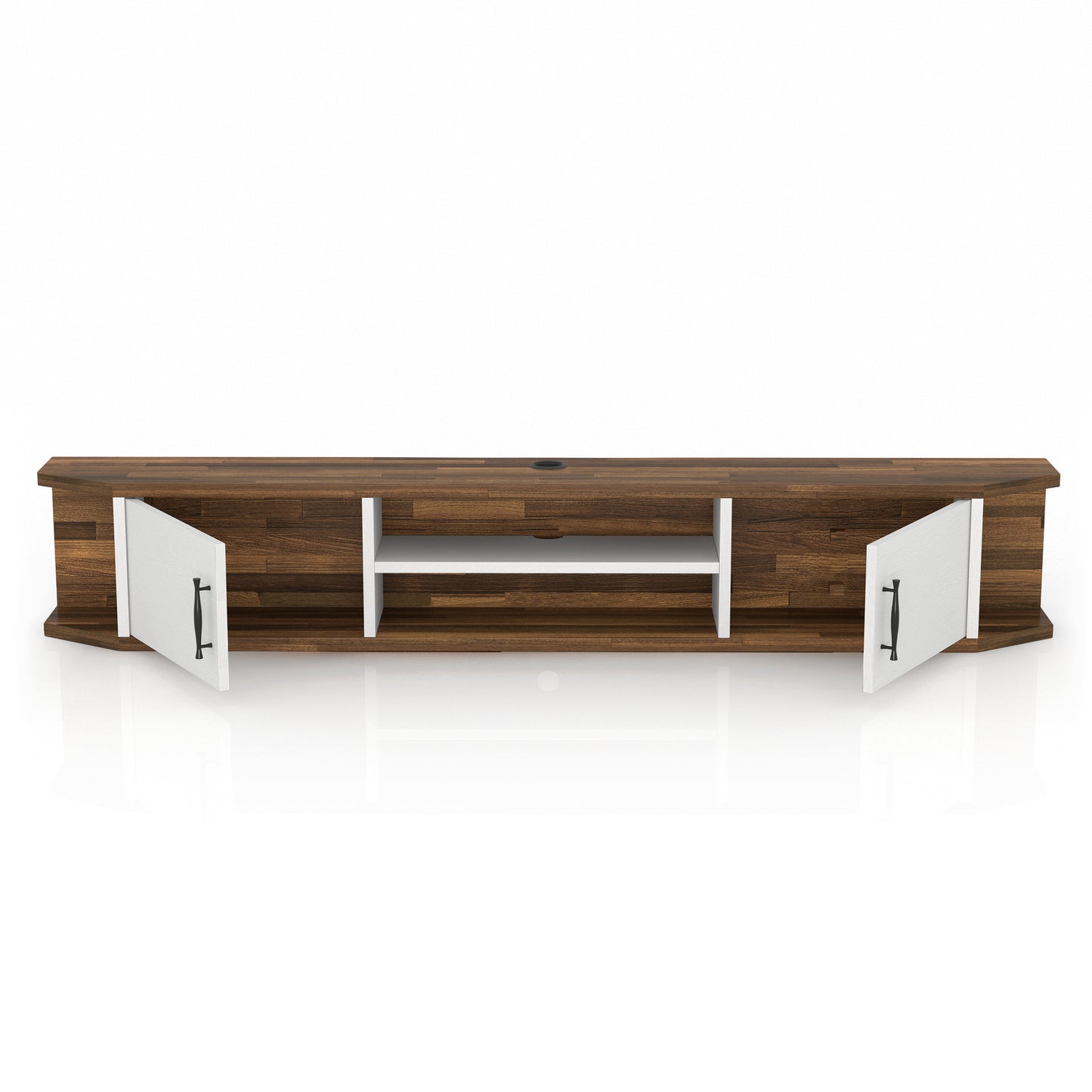 Front-facing white and wood two-door four-shelf floating TV stand with doors open on a white background