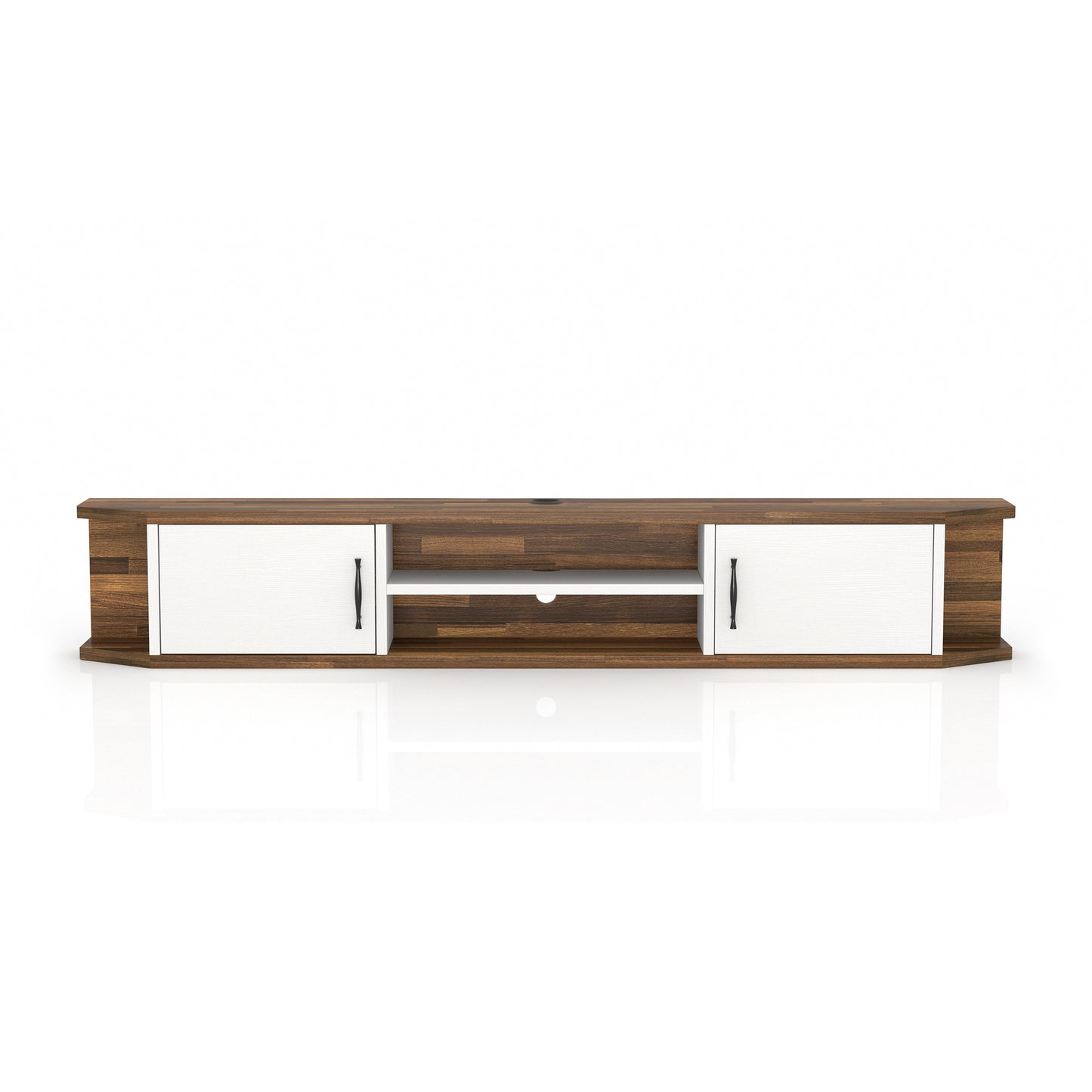 Front-facing white and wood two-door four-shelf floating TV stand on a white background