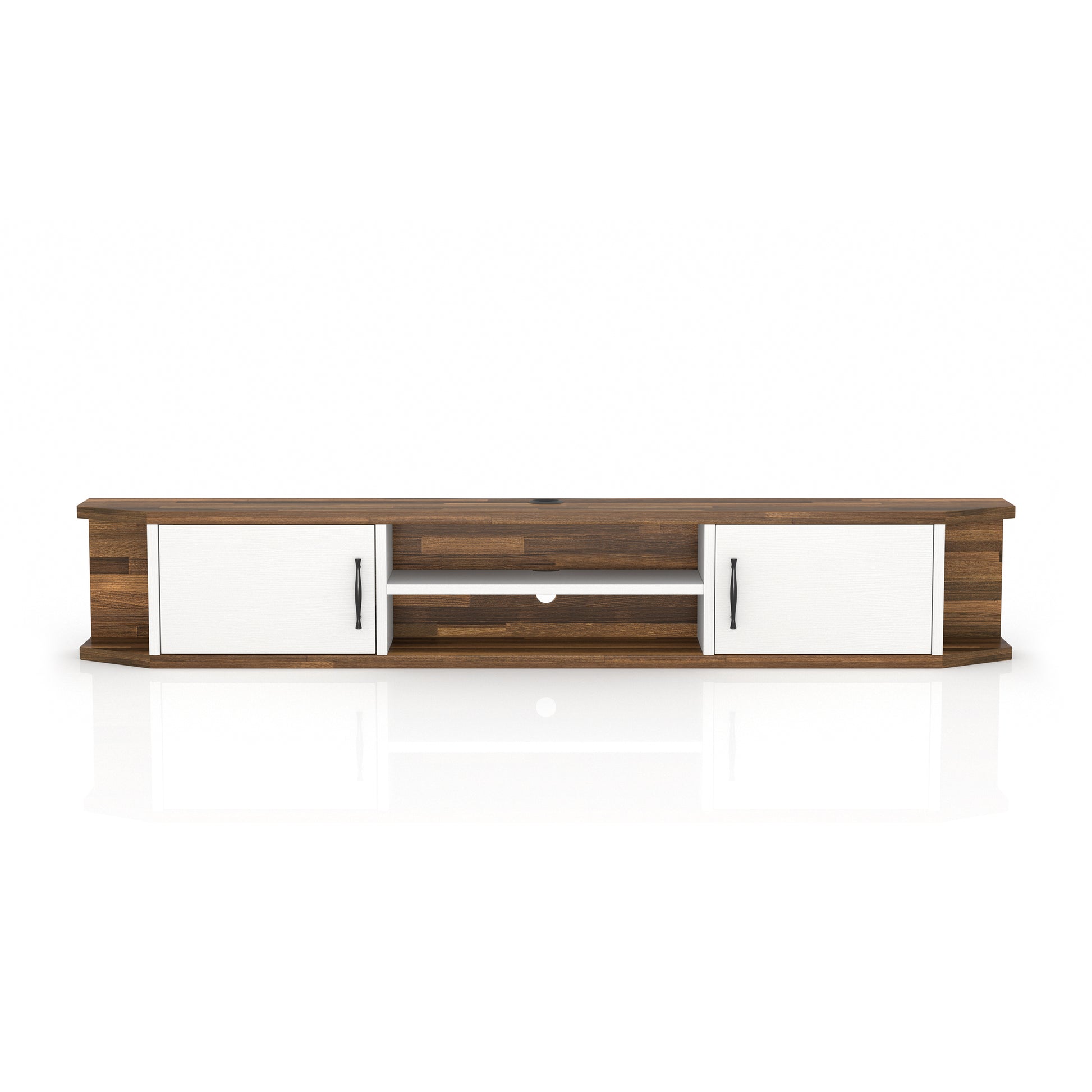 Front-facing white and wood two-door four-shelf floating TV stand on a white background