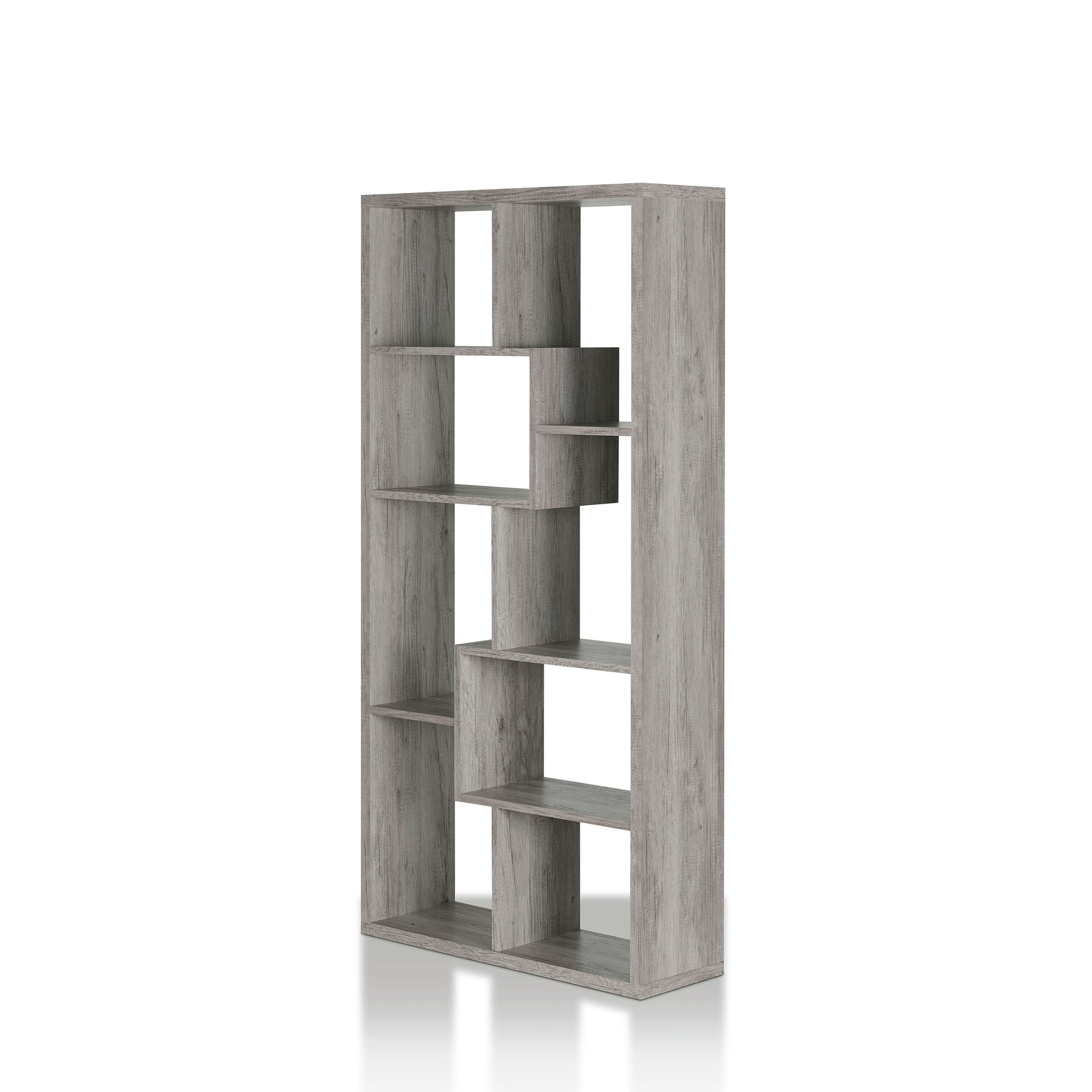 Left angled modern vintage gray oak open geometric bookcase on a white background