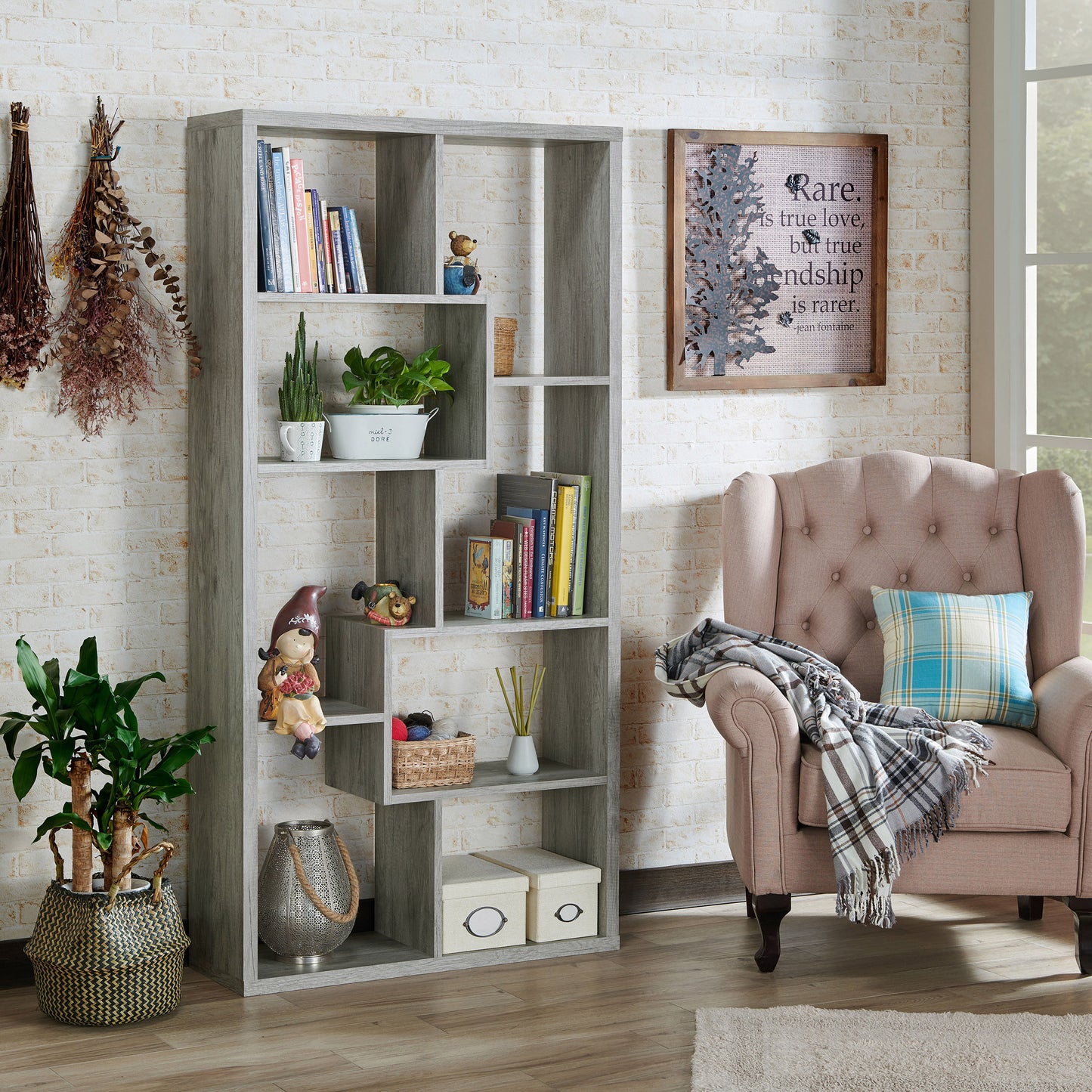 Right angled modern vintage gray oak open geometric bookcase in a living area with accessories