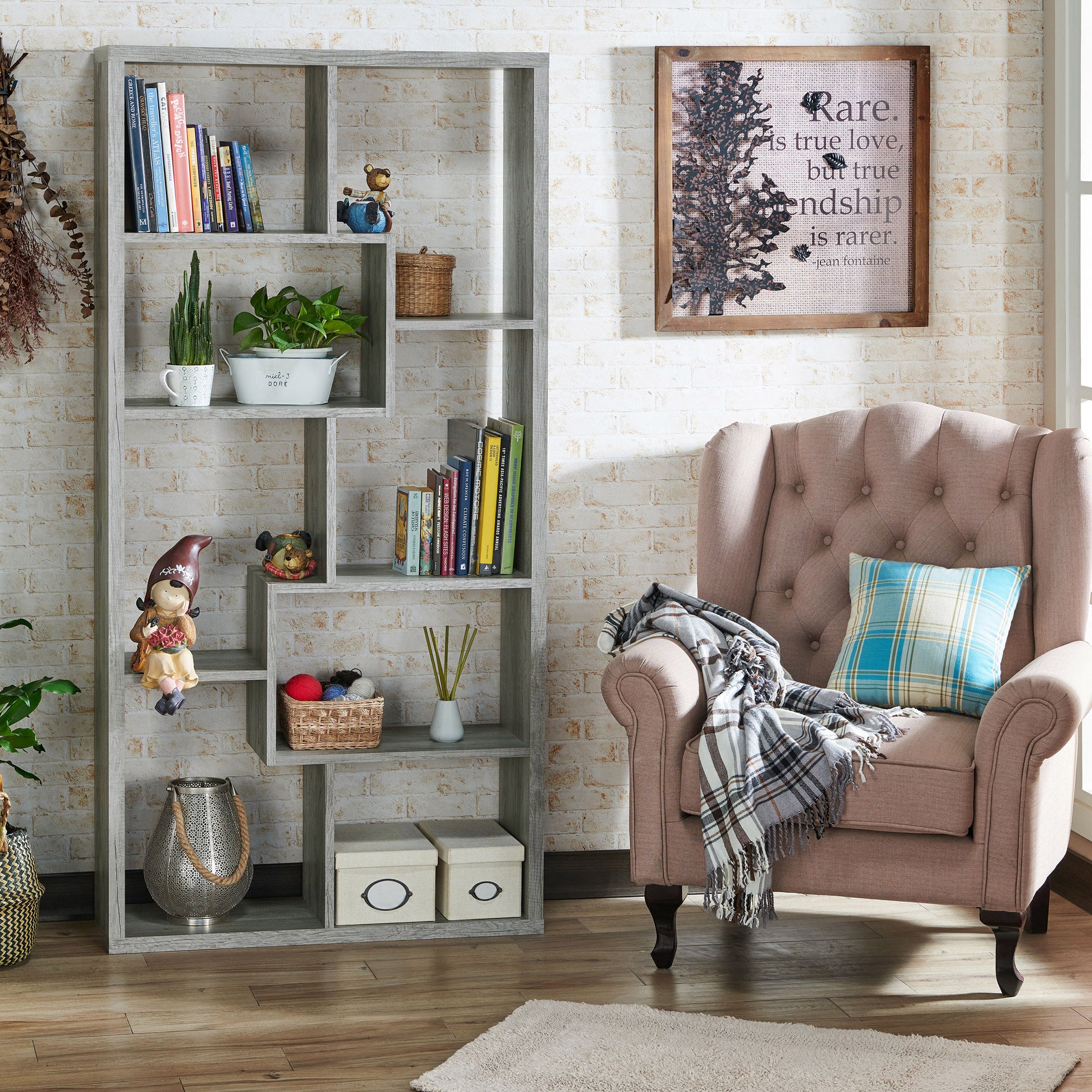 Right angled modern vintage gray oak open geometric bookcase in a living area with accessories