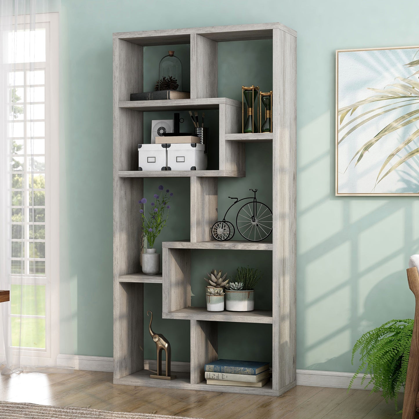 Left angled modern vintage gray oak open geometric bookcase in a living area with accessories