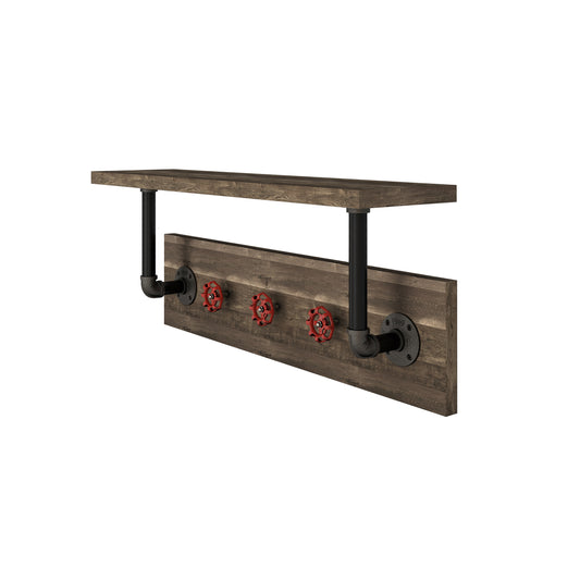 Left angled industrial reclaimed oak and water pipe wall shelf with red valve hooks on a white background