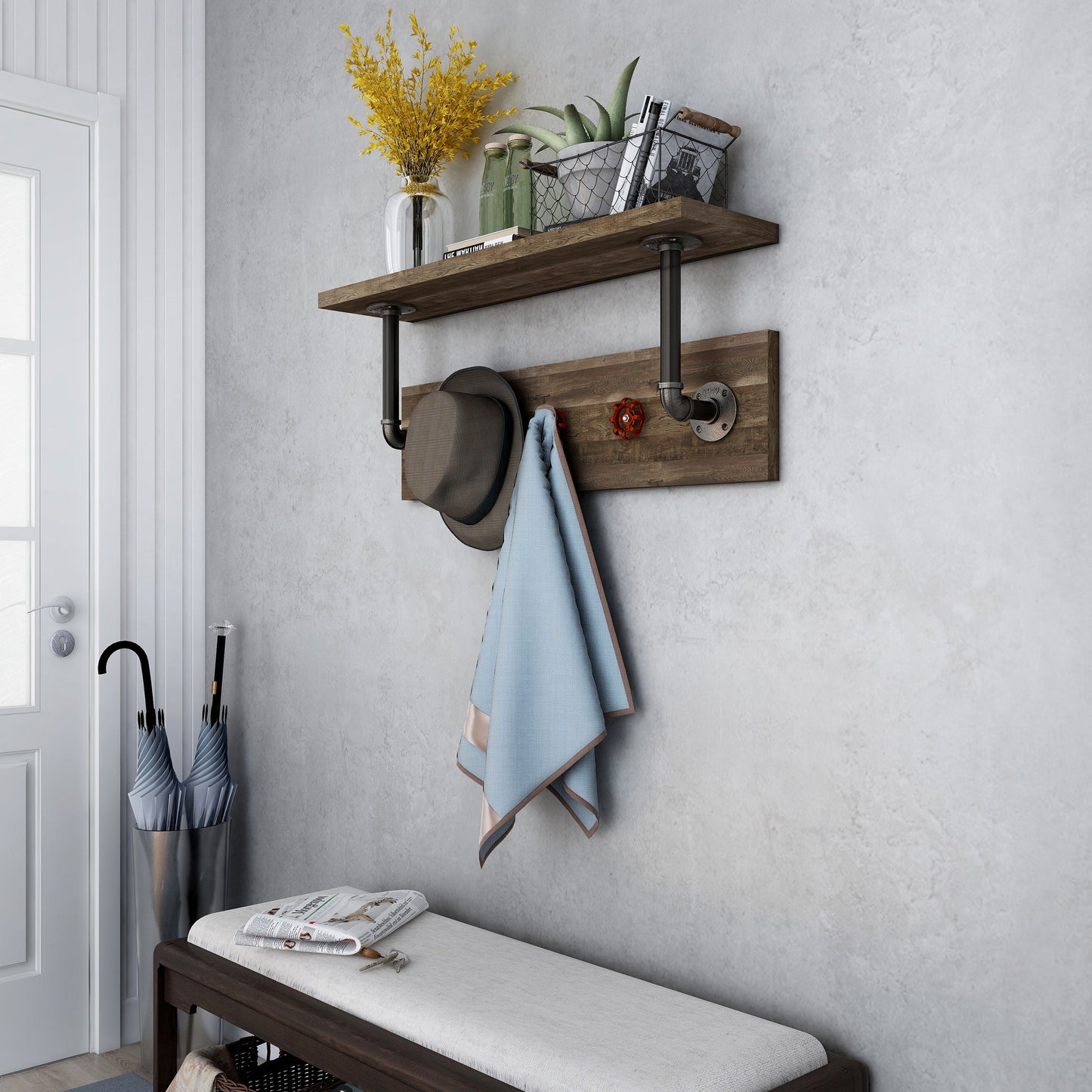 Left angled industrial reclaimed oak and water pipe wall shelf with red valve hooks in an entry with accessories