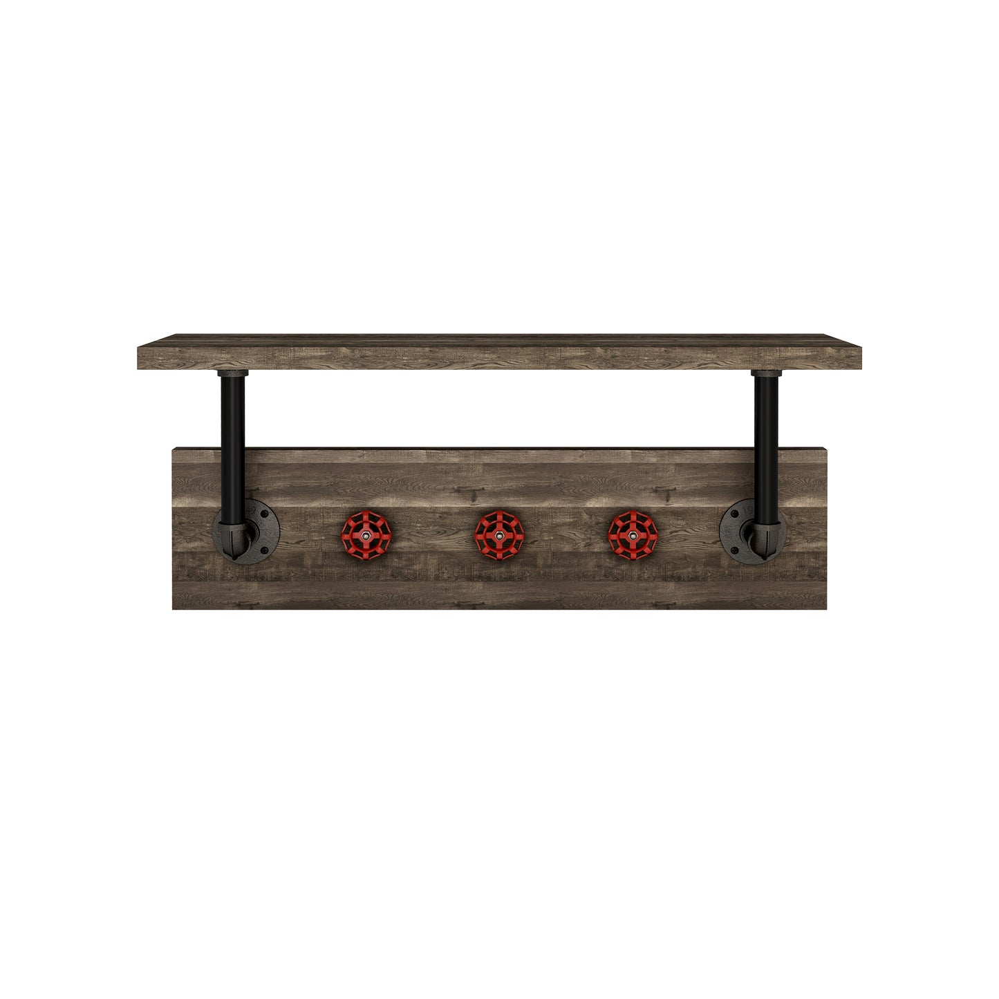 Front-facing industrial reclaimed oak and water pipe wall shelf with red valve hooks on a white background