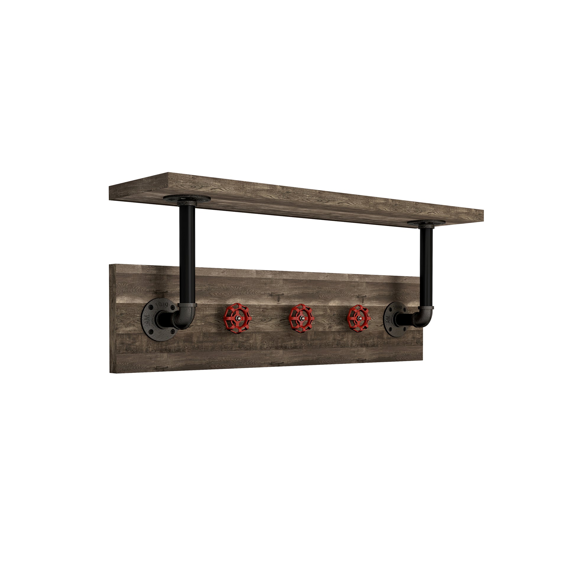 Right angled industrial reclaimed oak and water pipe wall shelf with red valve hooks on a white background