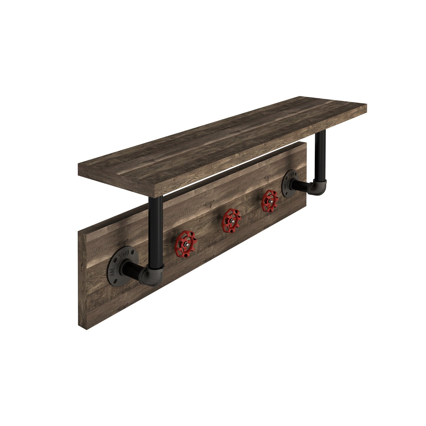 Right angled industrial reclaimed oak and water pipe wall shelf with red valve hooks on a white background