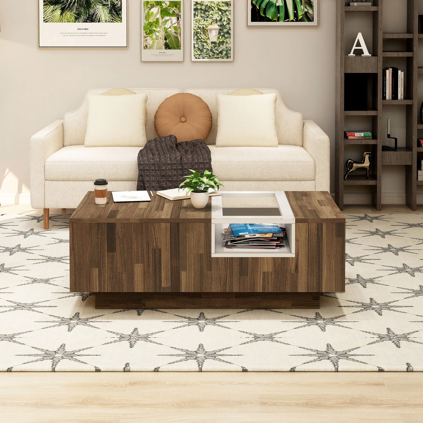 Front-facing modern light hickory and white three-shelf coffee table in a living room with accessories