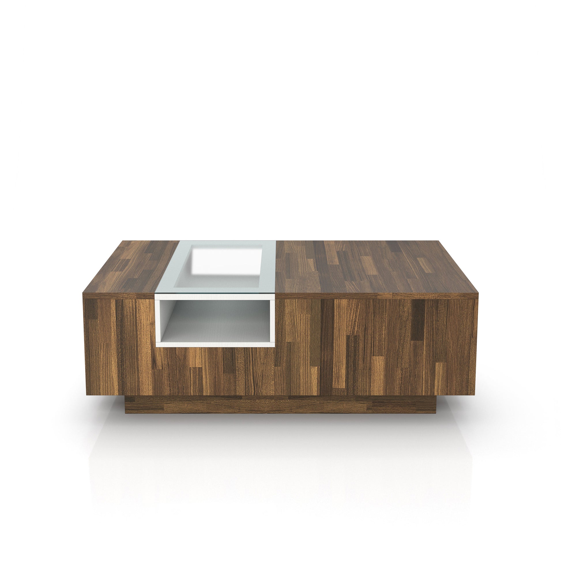 Front-facing modern light hickory and white three-shelf coffee table on a white background