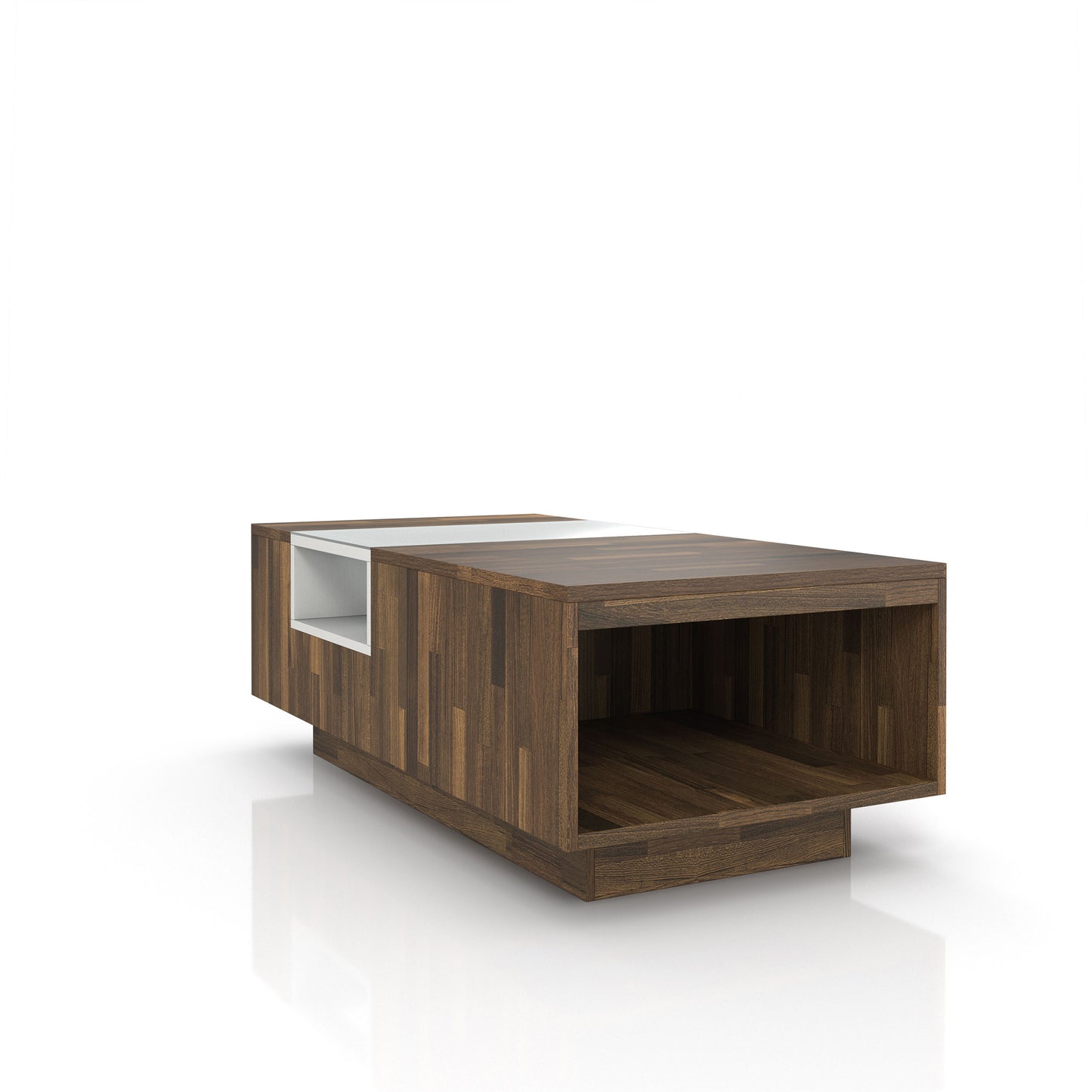 Left angled modern light hickory and white three-shelf coffee table on a white background