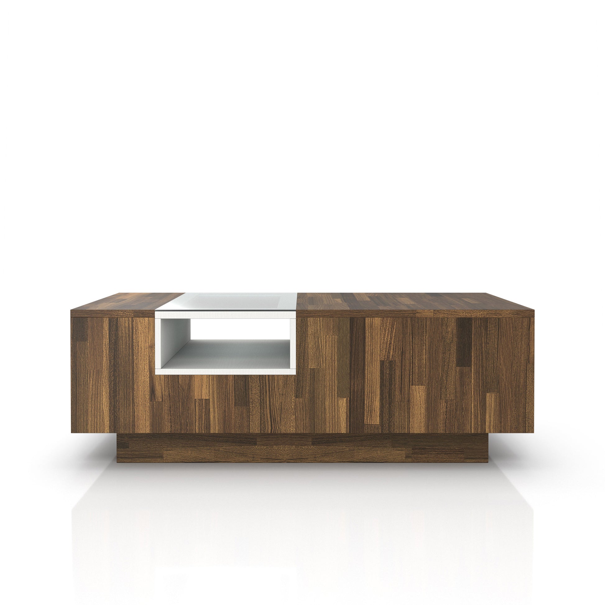 Front-facing modern light hickory and white three-shelf coffee table on a white background