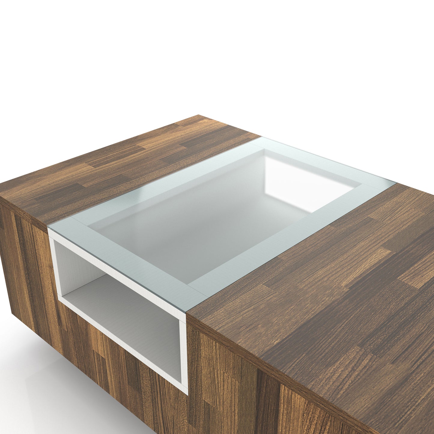 Left angled glass inset close-up view of a modern light hickory and white three-shelf coffee table on a white background