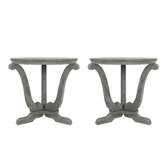 Front-facing set of two farmhouse vintage gray oak curved pedestal end tables on a white background