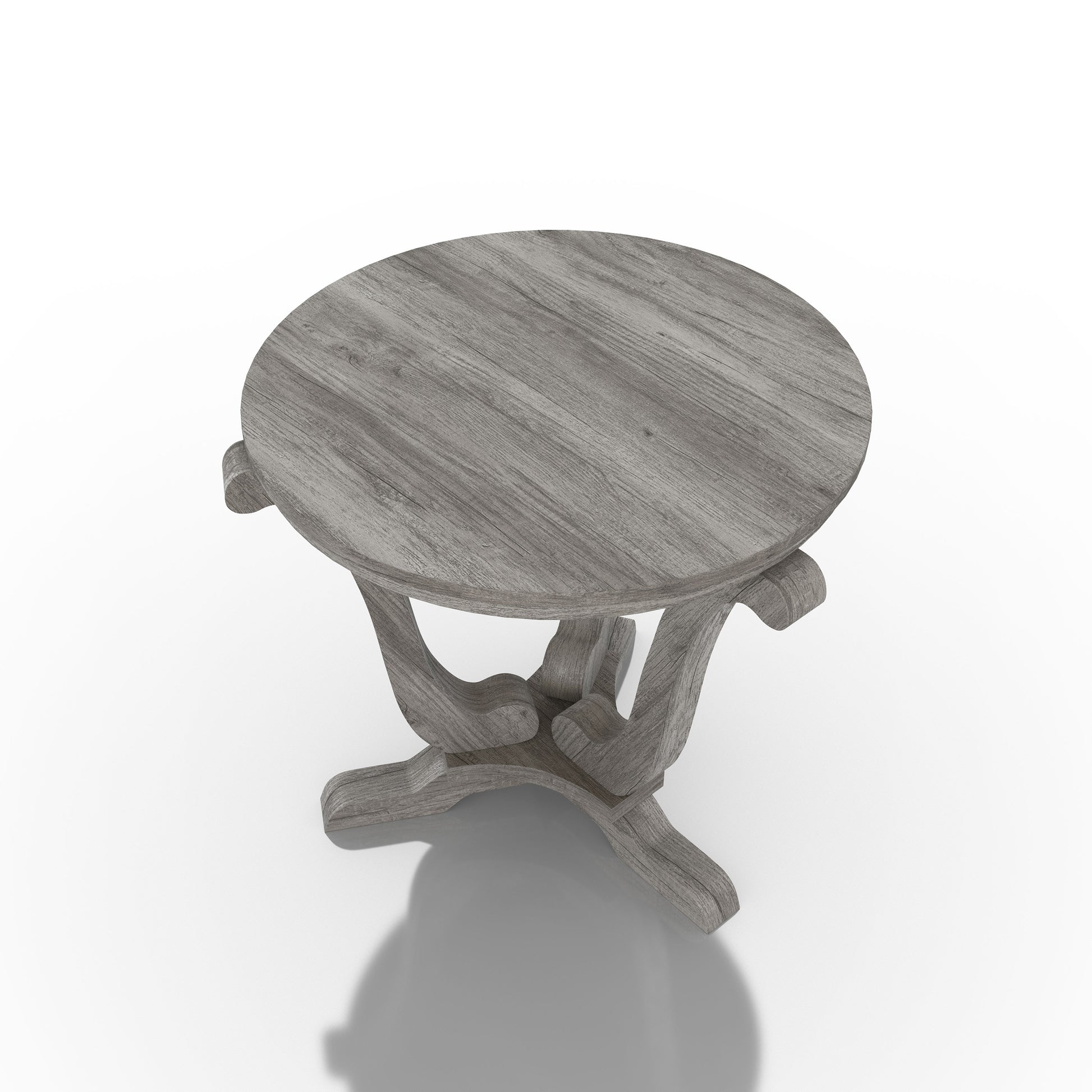 Right angled bird's eye view of one farmhouse vintage gray oak curved pedestal end table on a white background