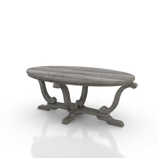 Left angled farmhouse vintage gray oak curved pedestal coffee table on a white background