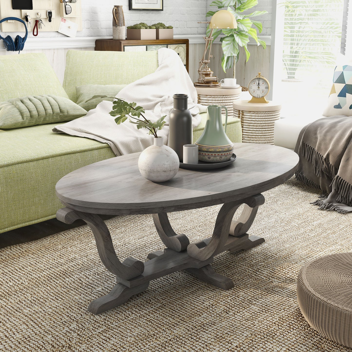 Right angled farmhouse vintage gray oak curved pedestal coffee table in a living room with accessories