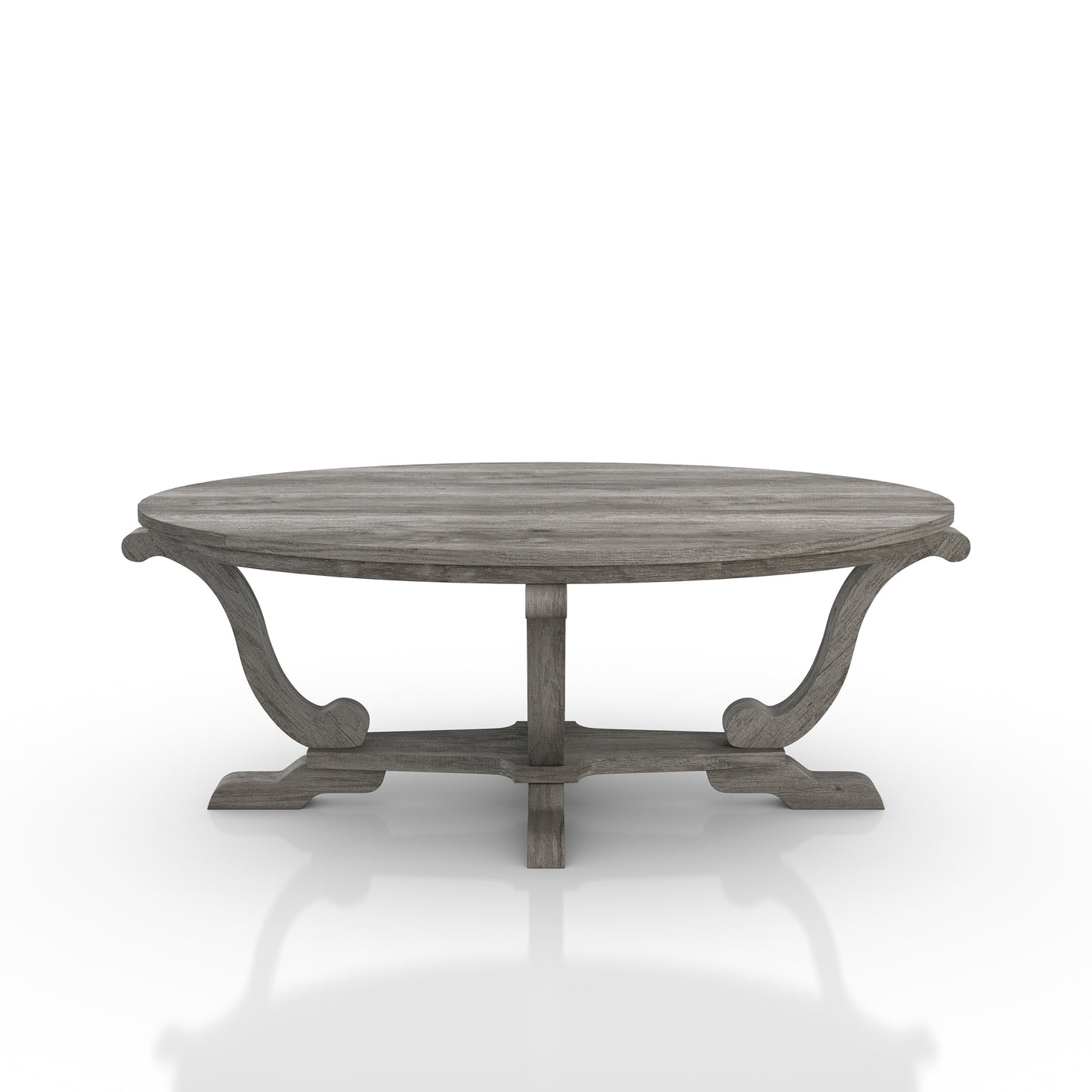 Front-facing farmhouse vintage gray oak curved pedestal coffee table on a white background