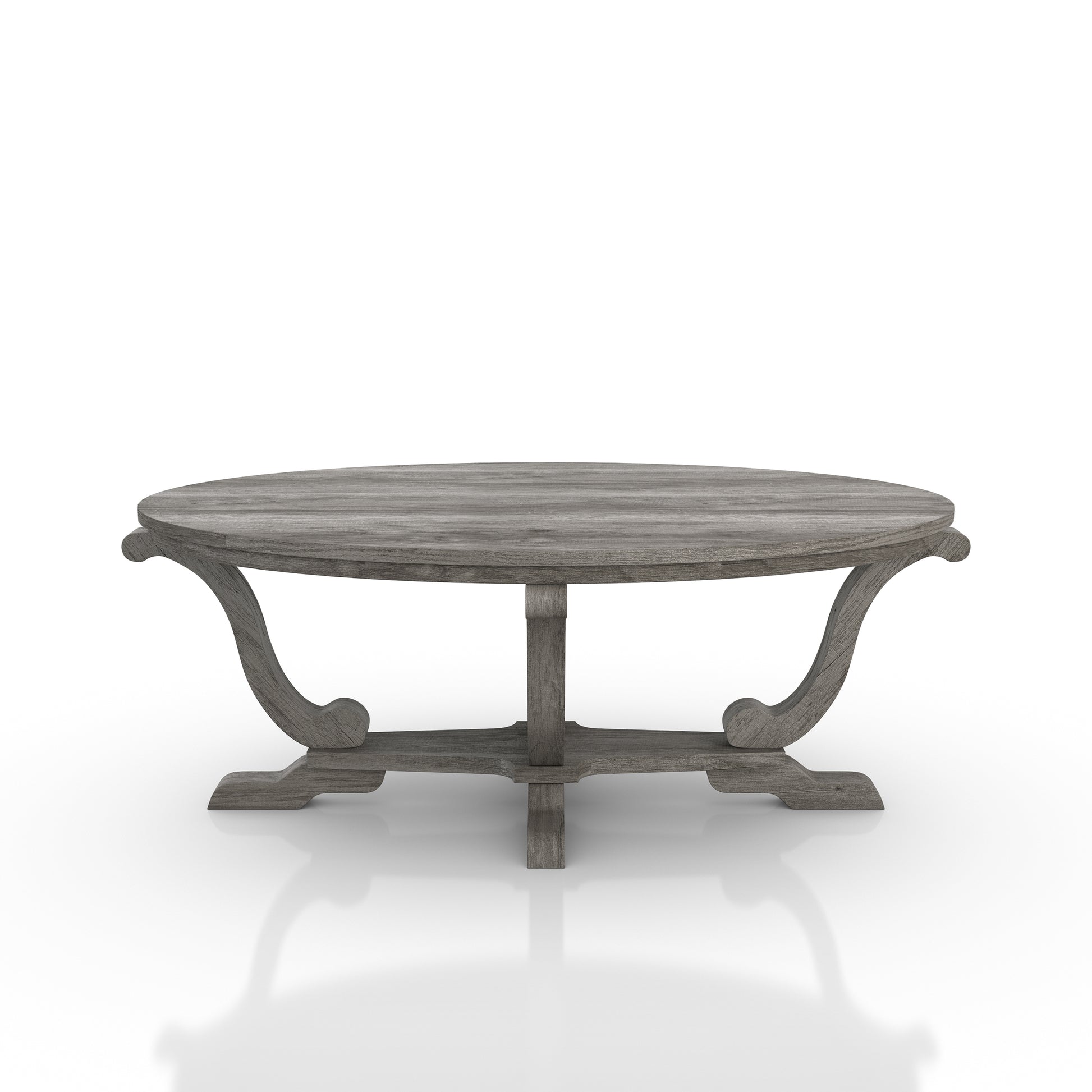 Front-facing farmhouse vintage gray oak curved pedestal coffee table on a white background