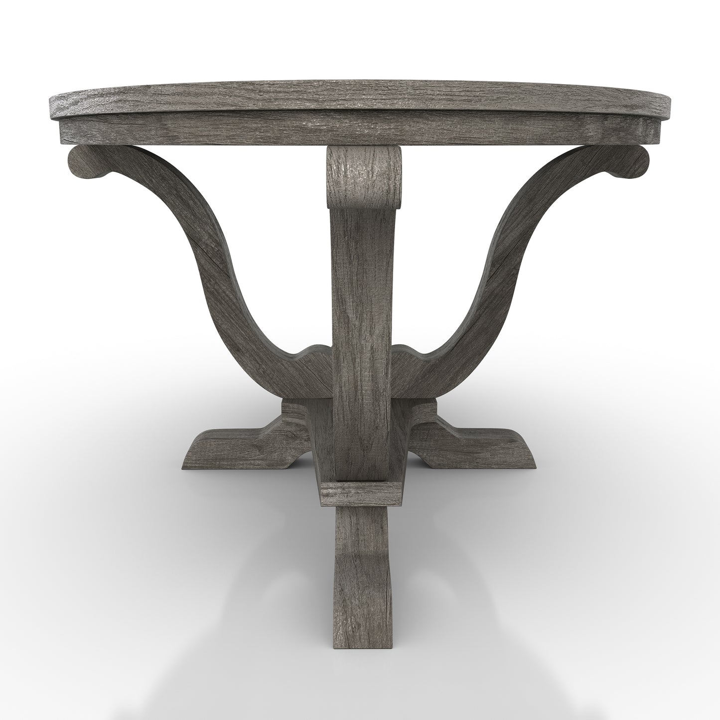 Front-facing side view of a farmhouse vintage gray oak curved pedestal coffee table on a white background