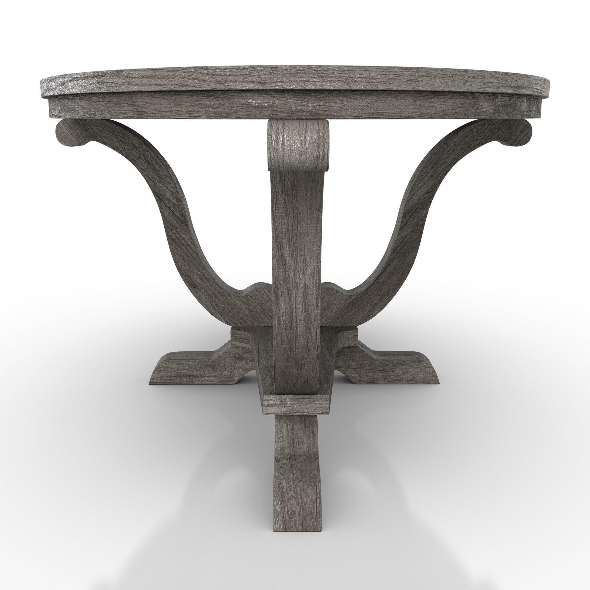 Front-facing side view of a farmhouse vintage gray oak curved pedestal coffee table on a white background