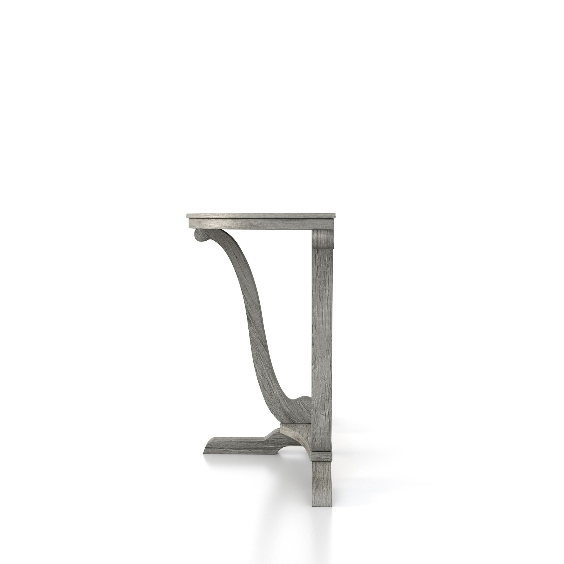 Front-facing side view of a farmhouse vintage gray oak curved pedestal console table on a white background