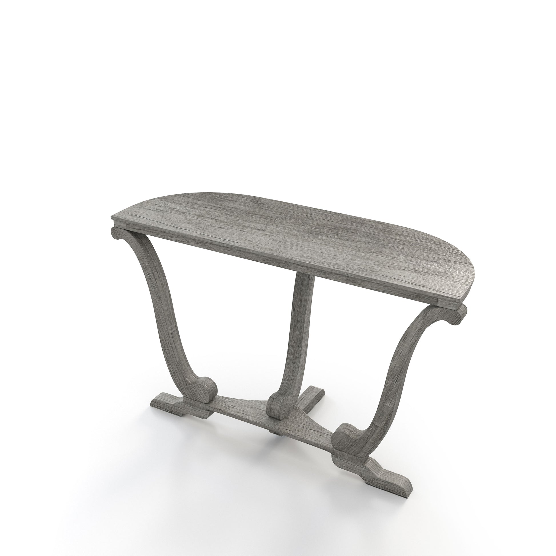 Left angled back view of a farmhouse vintage gray oak curved pedestal console table on a white background