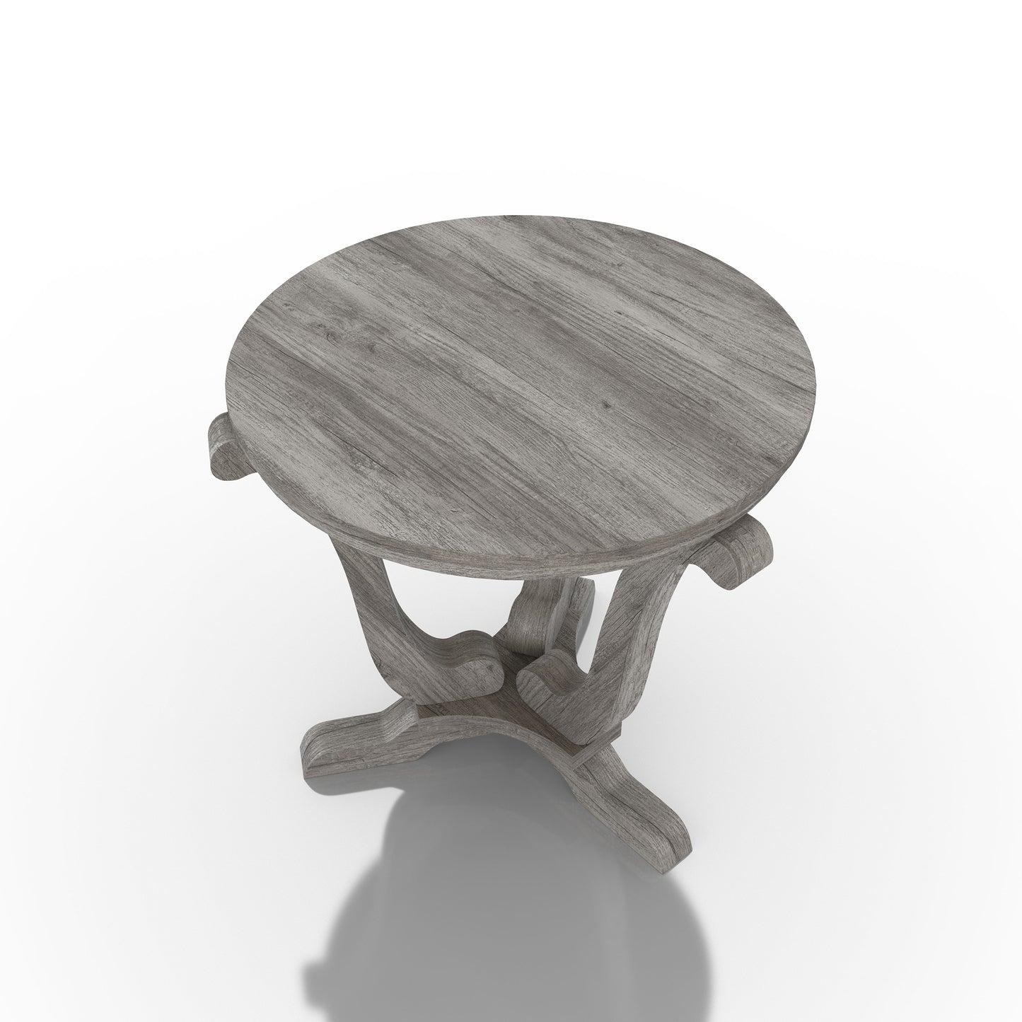 Right angled bird's eye view of a farmhouse vintage gray oak curved pedestal end table on a white background