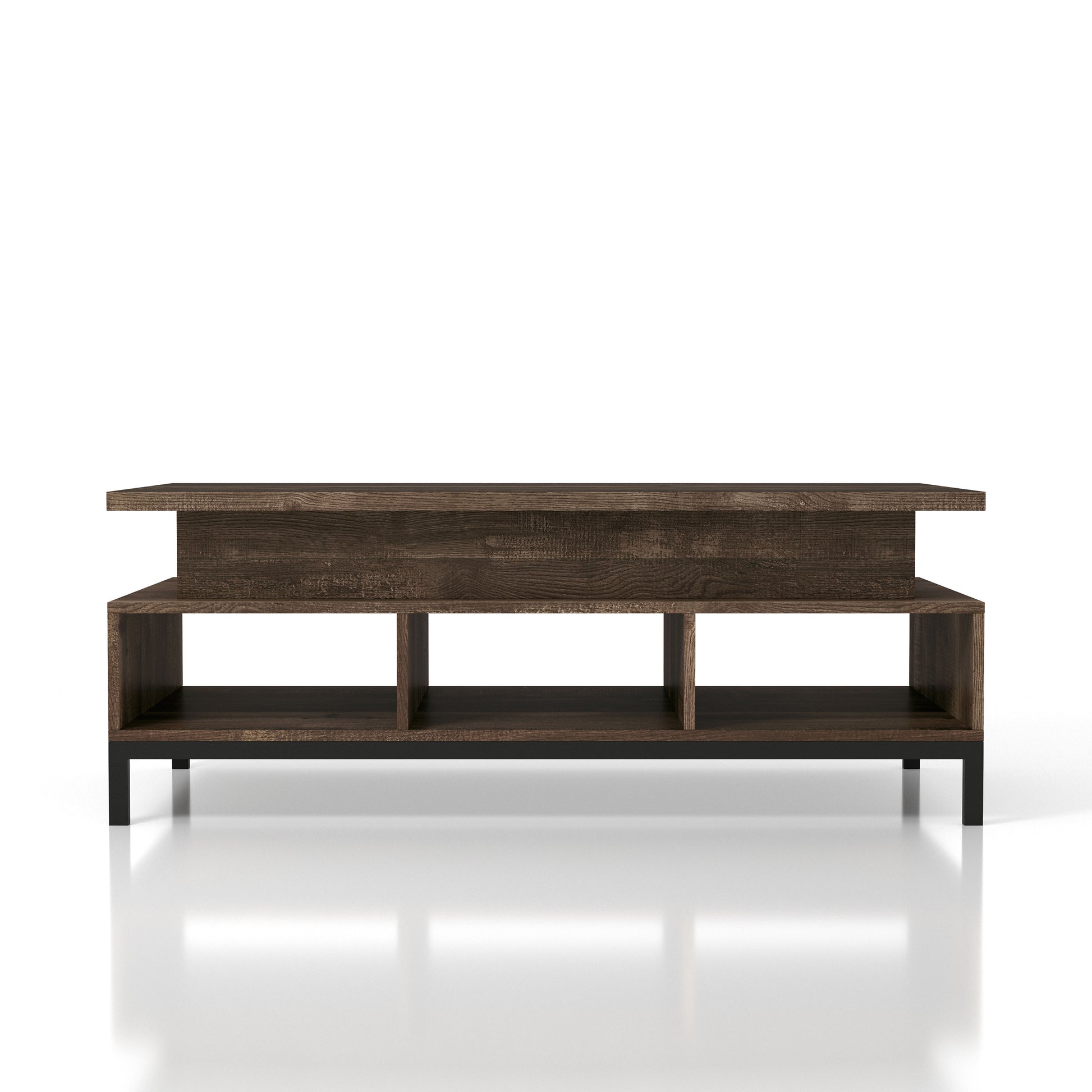 Front-facing rustic reclaimed oak lift-top tiered coffee table with storage on a white background