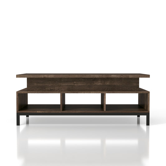 Front-facing rustic reclaimed oak lift-top tiered coffee table with storage on a white background