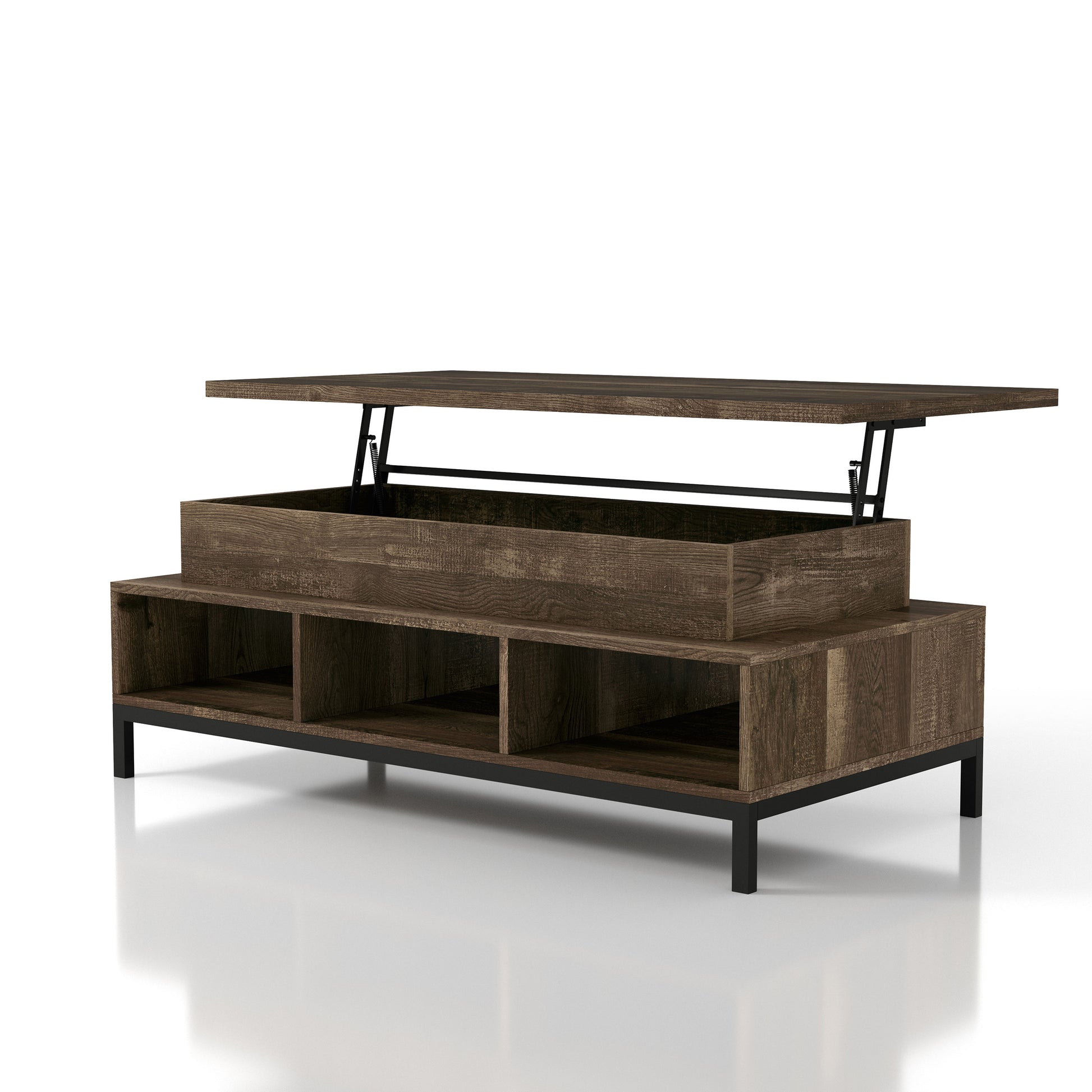 Left angled rustic reclaimed oak lift-top tiered coffee table with storage and top up on a white background