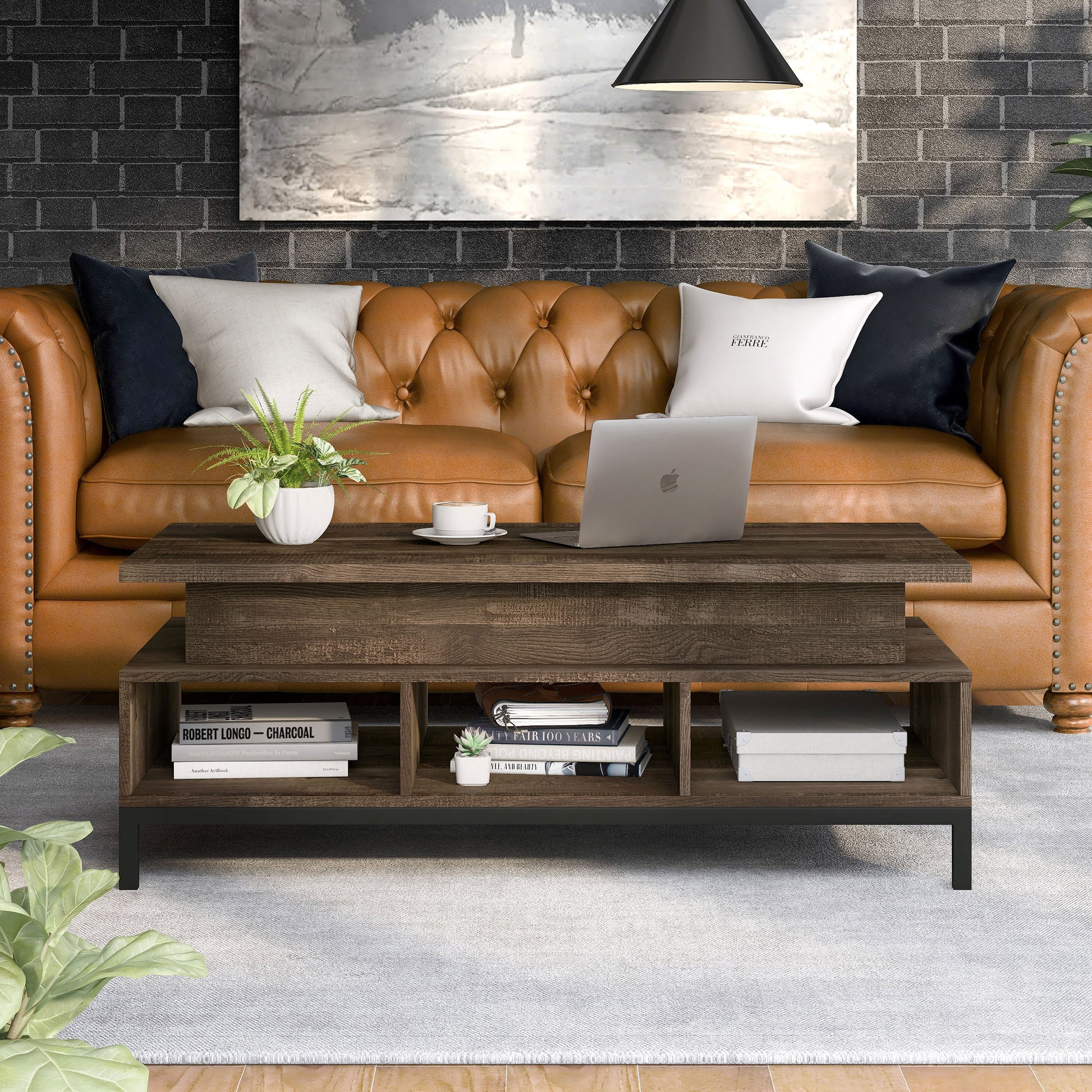 Front-facing rustic reclaimed oak lift-top tiered coffee table with storage in a living room with accessories