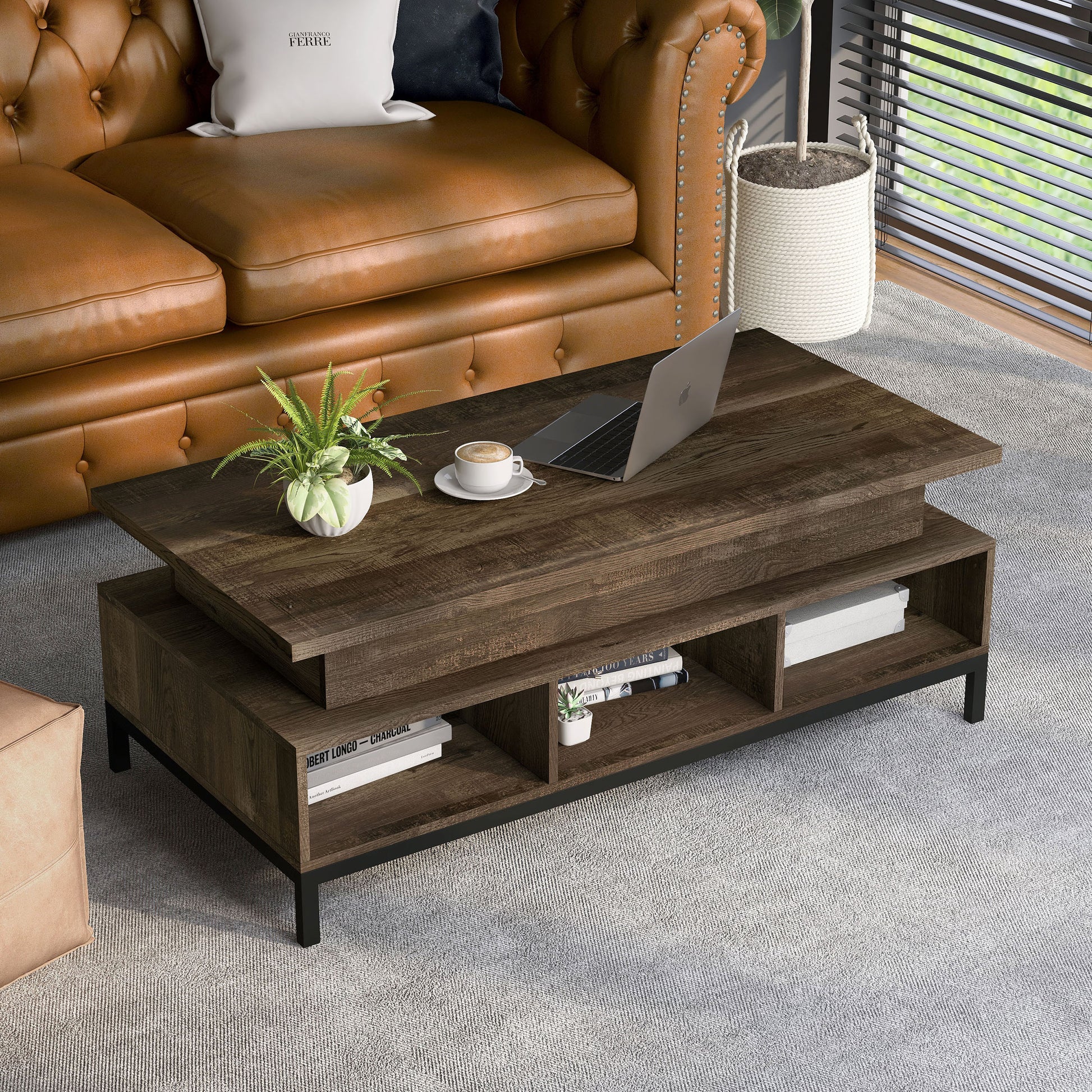 Right angled bird's eye view of a rustic reclaimed oak lift-top tiered coffee table with storage in a living room with accessories