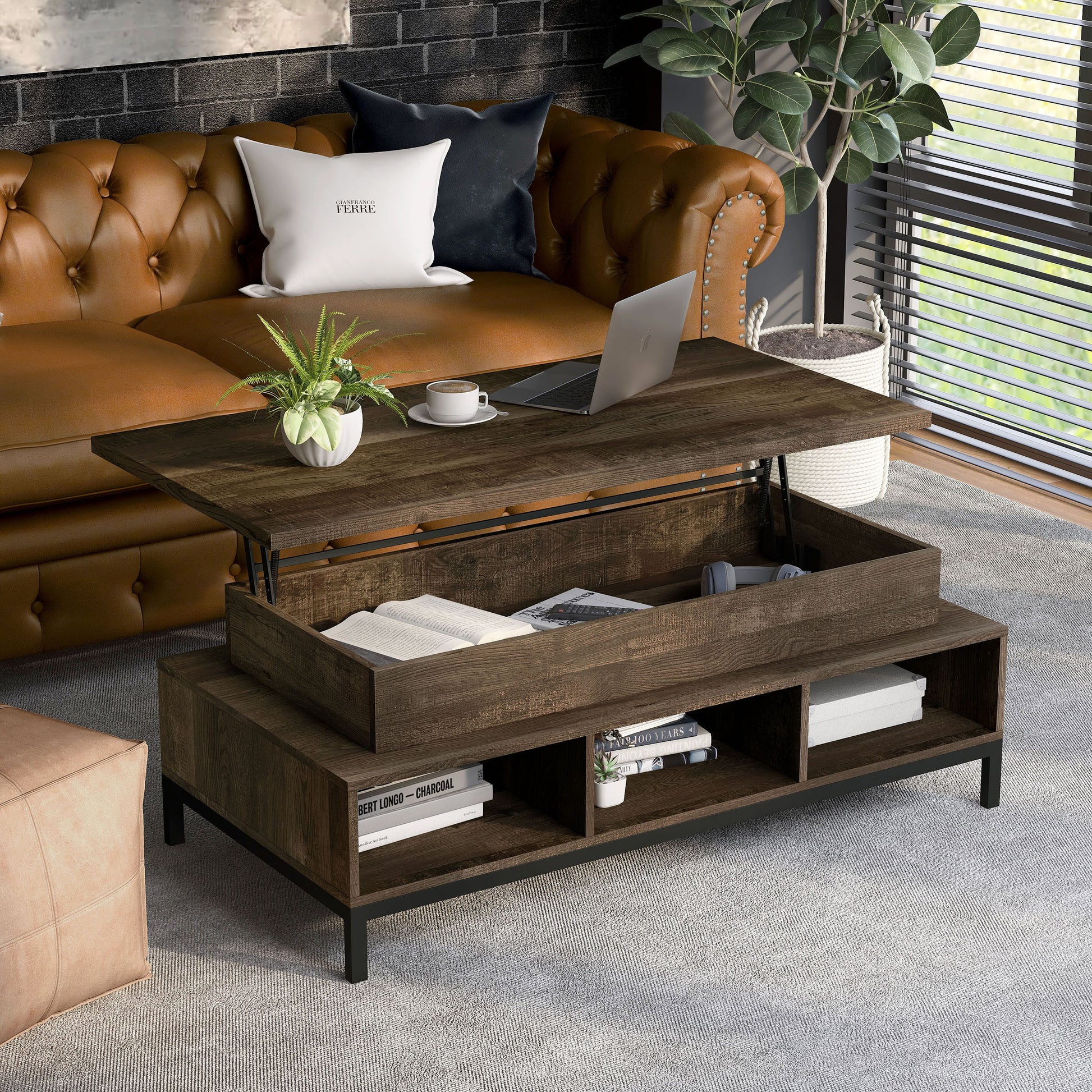 Right angled bird's eye view of a rustic reclaimed oak lift-top tiered coffee table with storage and top up in a living room with accessories