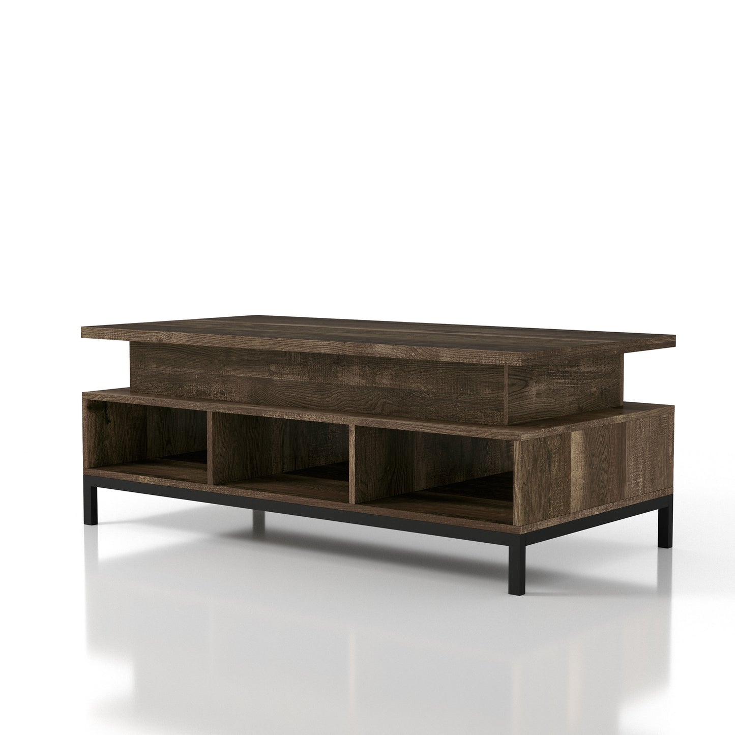 Left angled rustic reclaimed oak lift-top tiered coffee table with storage on a white background